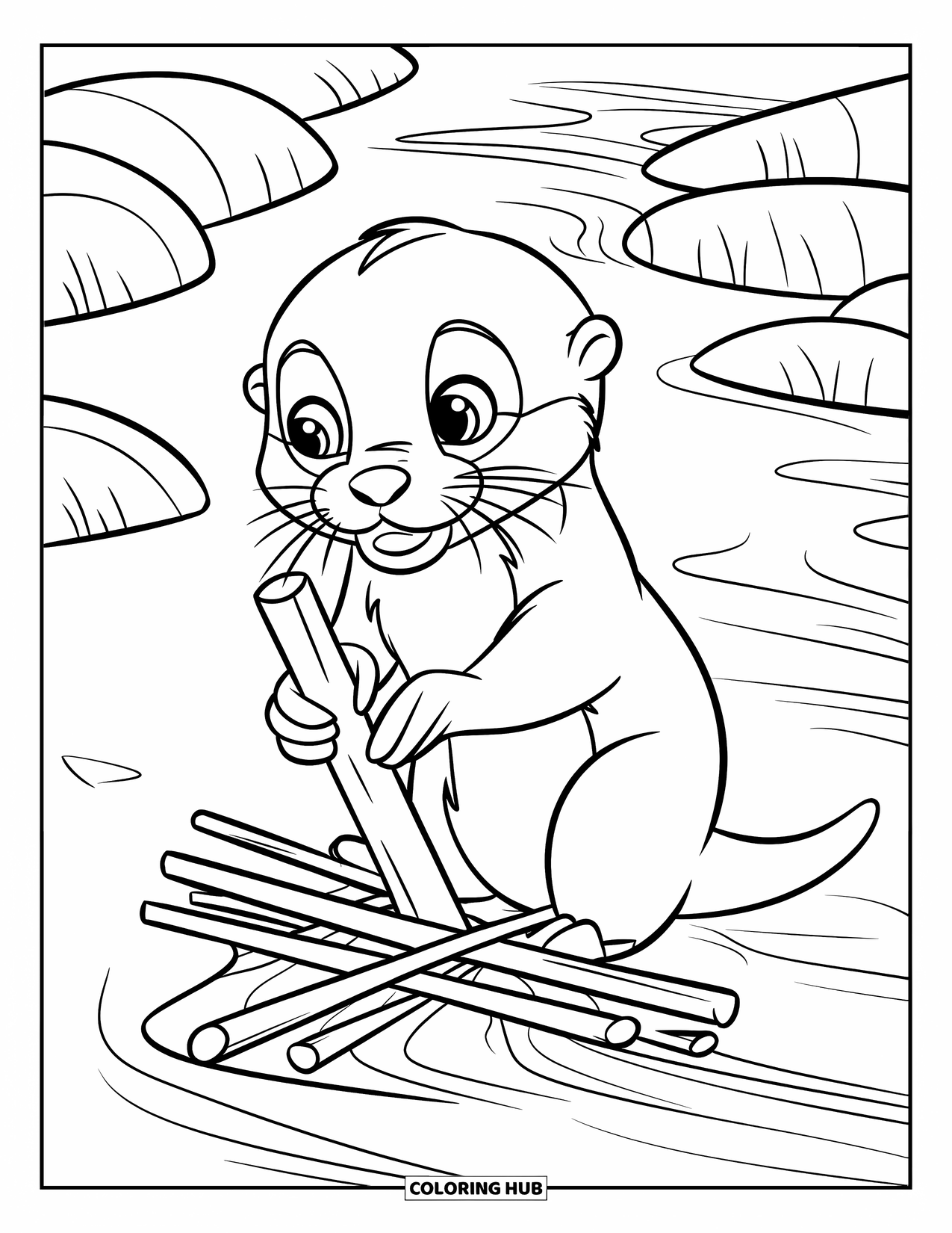 Kolorowanka z wydrą dla dzieci: Wydra buduje maleńką tamę, siedząc na skałach i układając patyki w płynącej wodzie