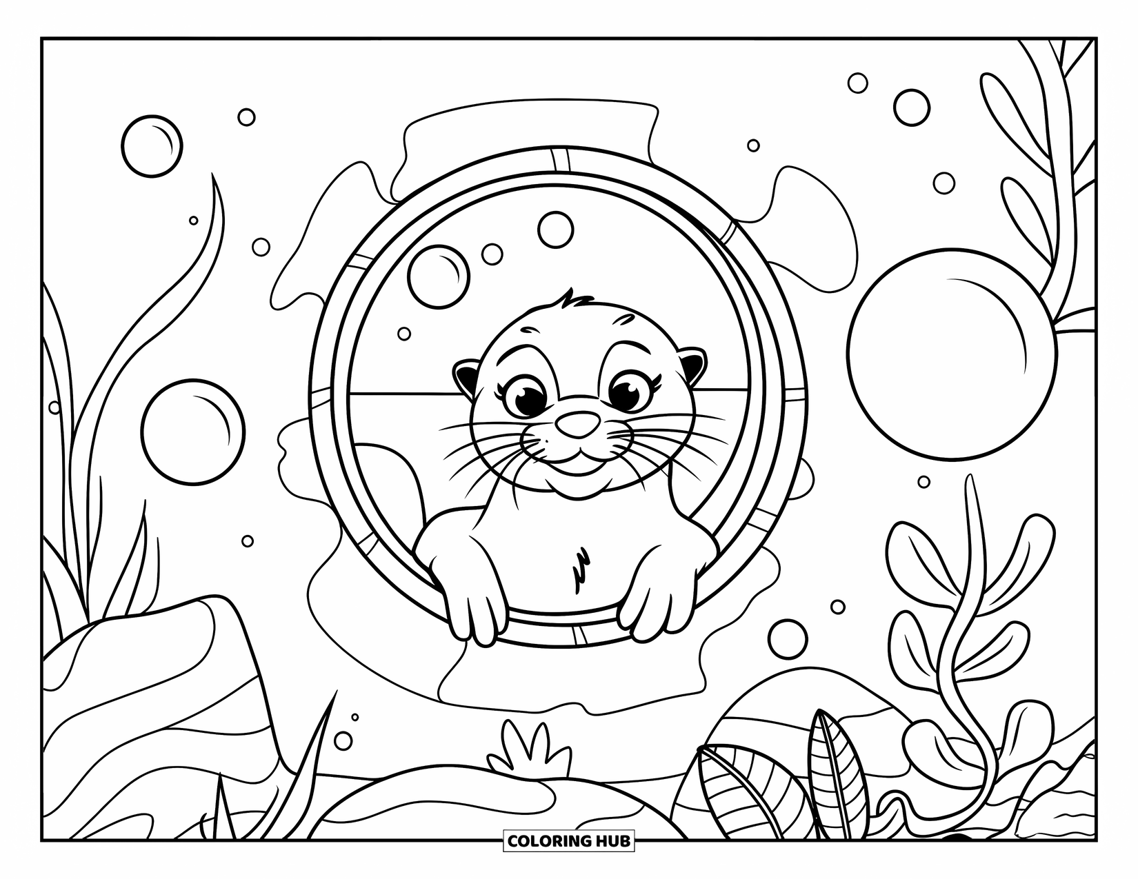 Kolorowanka z wydrą dla dzieci: Wydra ciekawie wygląda z podwodnego okna, a w pobliżu pływają bąbelki i ryby