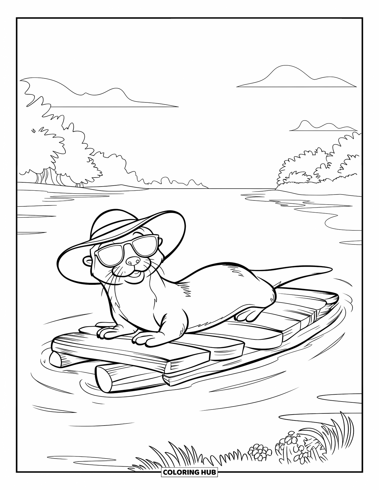 Kolorowanka z wydrą dla dzieci: Wydra w okularach przeciwsłonecznych unosi się na drewnianej tratwie, ciesząc się spokojnym widokiem na jezioro