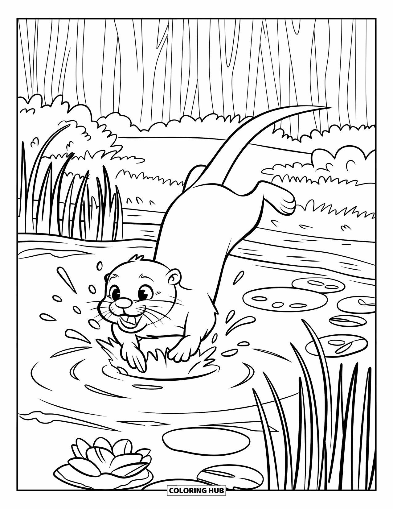 Kolorowanka z wydrą dla dzieci: Wydra wskakuje do stawu, tworząc fale, otoczona bujną zielenią i kwiatami