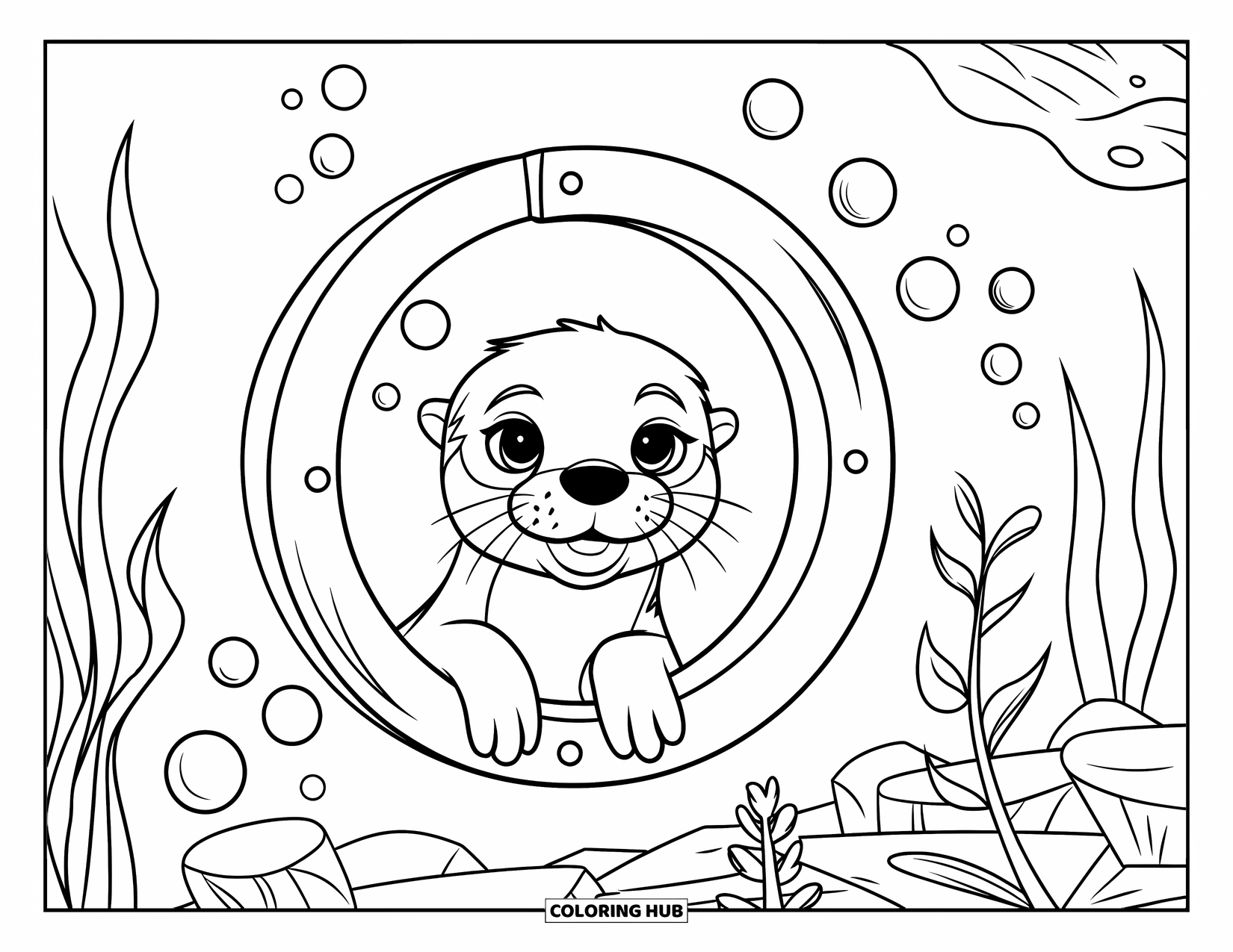 Kolorowanka z wydrą dla dzieci: Wydra wygląda z okrągłego podwodnego okna, otoczona bąbelkami i roślinami wodnymi