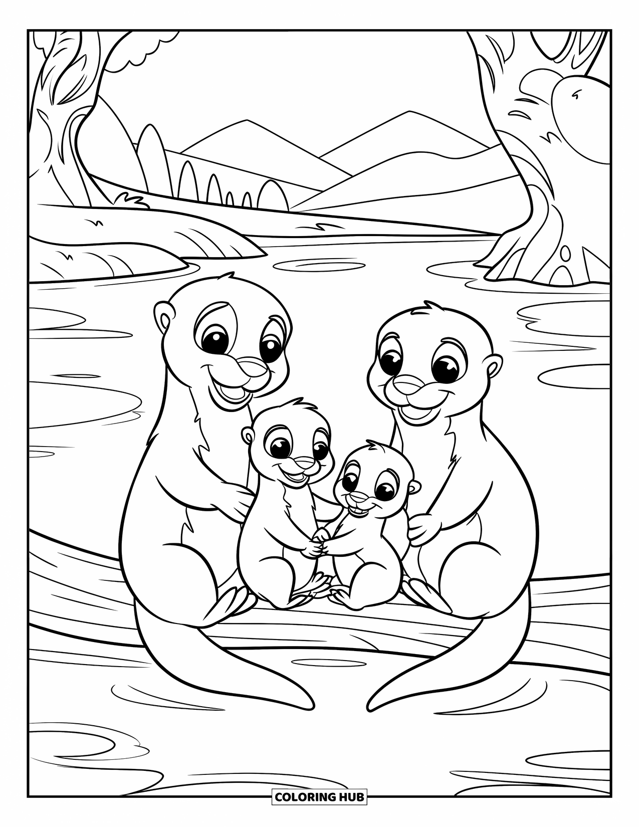 Kolorowanka z wydrą dla dzieci: Wydry unoszą się razem w kręgu na wodzie, trzymając się za ręce z wesołym wyrazem twarzy