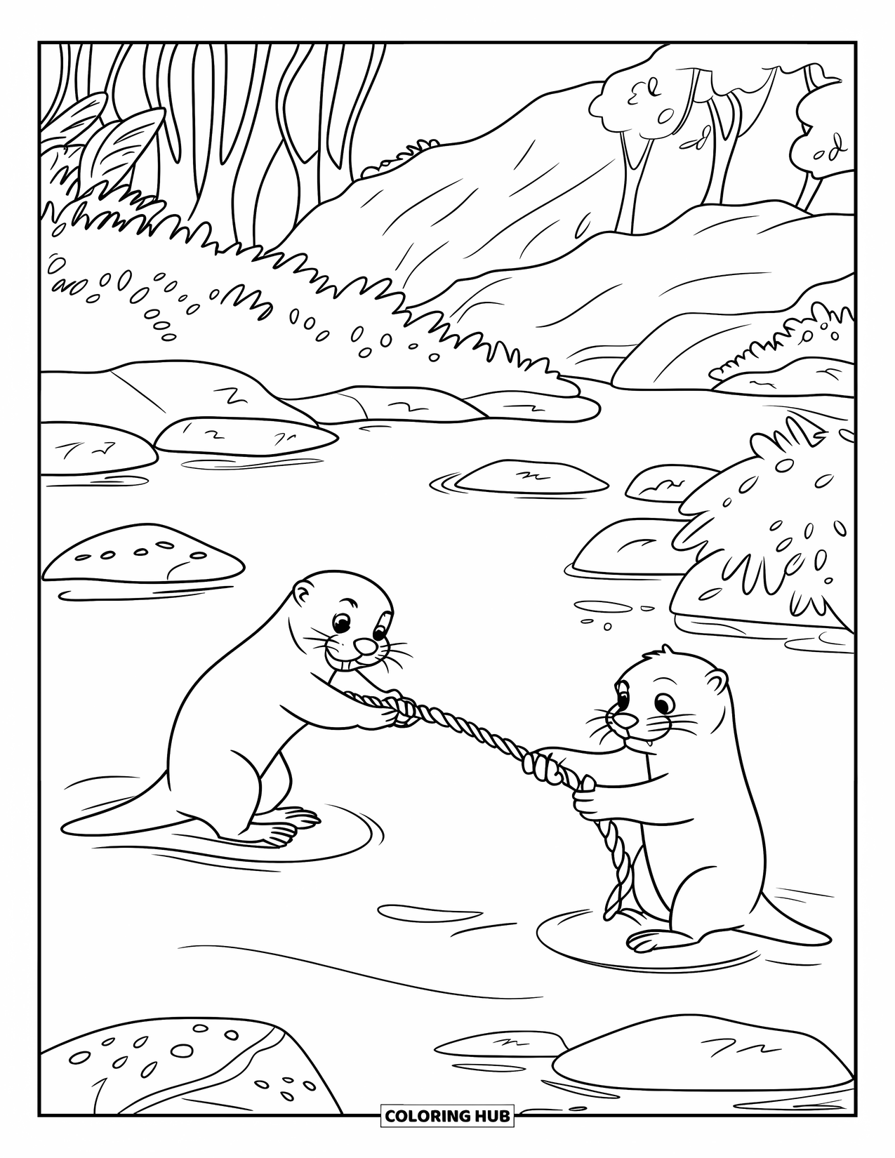 Kolorowanka z wydrą dla dzieci: Wydry walczą o pasmo wodorostów, otoczone skałami i bujnymi roślinami rzecznymi
