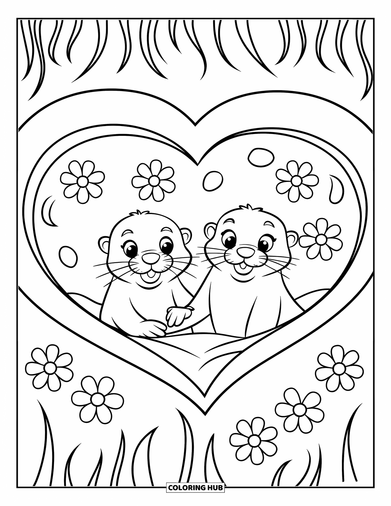 Kolorowanka z wydrą dla dzieci: Dwie wydry trzymają się za ręce w basenie w kształcie serca, otoczone pływającymi kwiatami