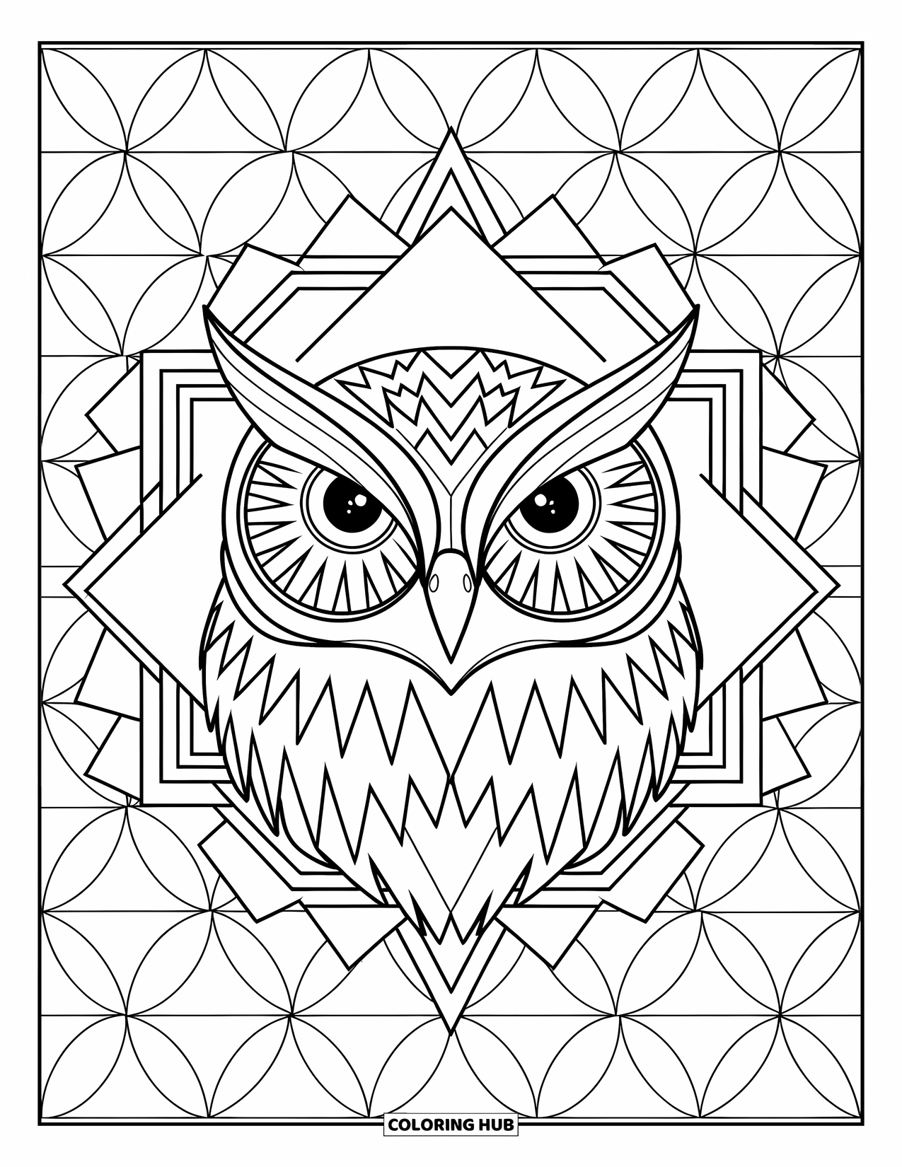 Dibujo de búho para colorear para adultos: Una cara de búho detallada con ojos grandes, enmarcada por triángulos y cuadrados, con un fondo de círculos