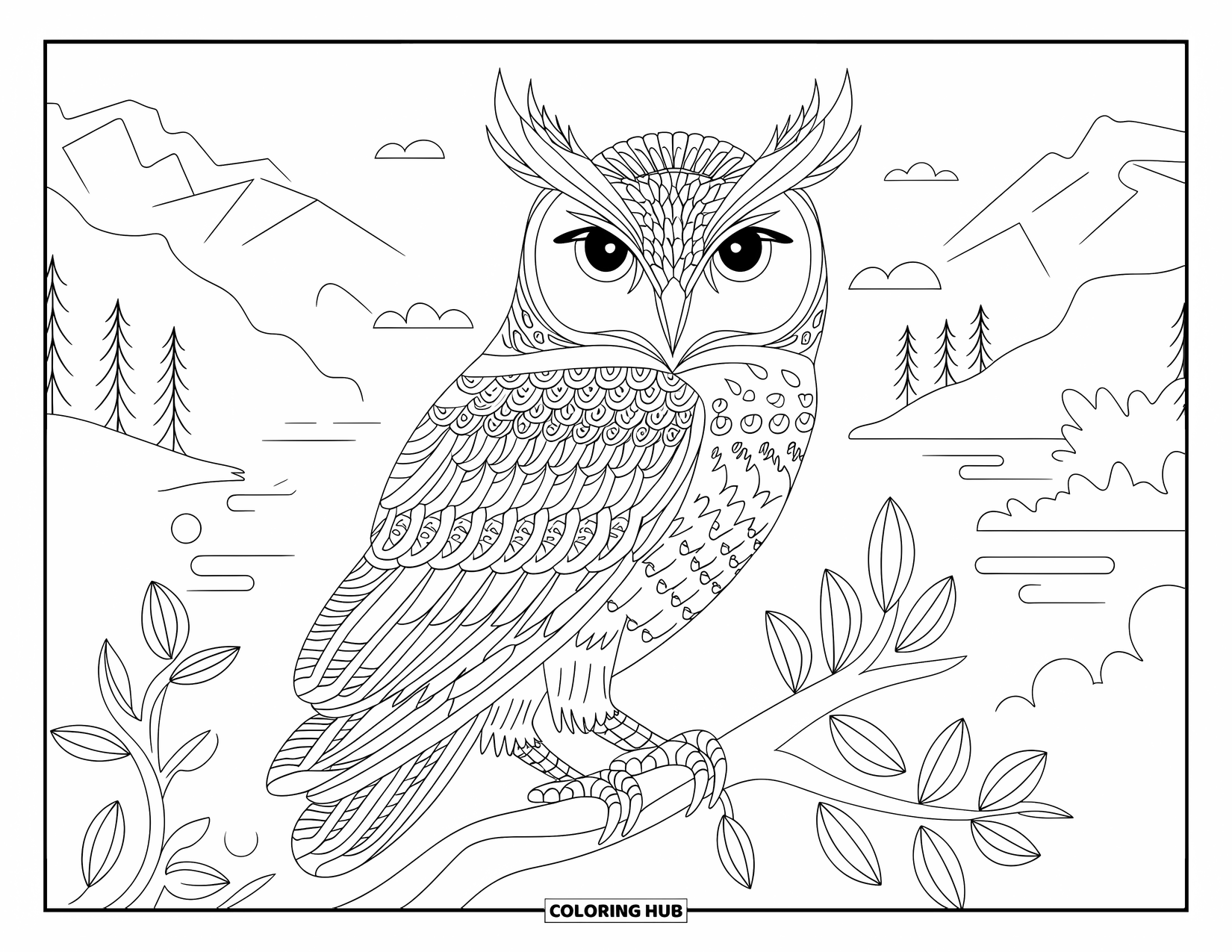 Dibujo de búho para colorear para adultos: Un búho detallado posado en una rama, rodeado de elementos florales, con montañas y agua