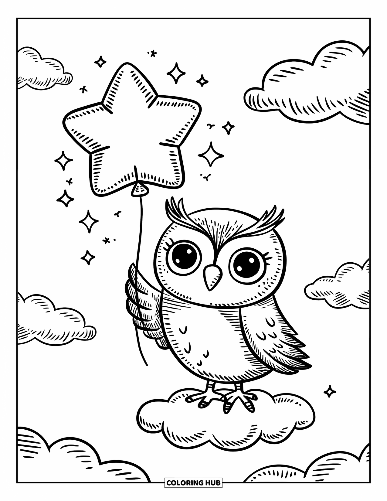 Dibujo de búho para colorear para adultos: Un búho kawaii sosteniendo un globo en forma de estrella en una nube, rodeado de destellos en un cielo esponjoso