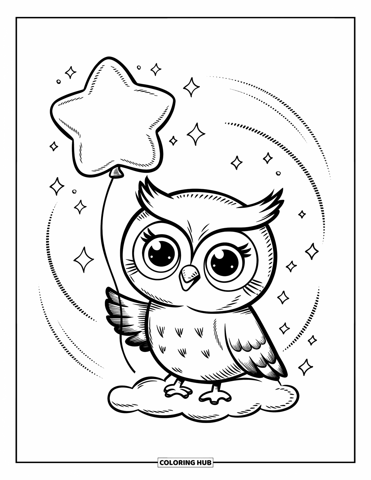 Dibujo de búho para colorear para adultos: Un búho kawaii sosteniendo un globo con forma de estrella en una nube, con líneas curvas ligeras y destellos en forma de estrella