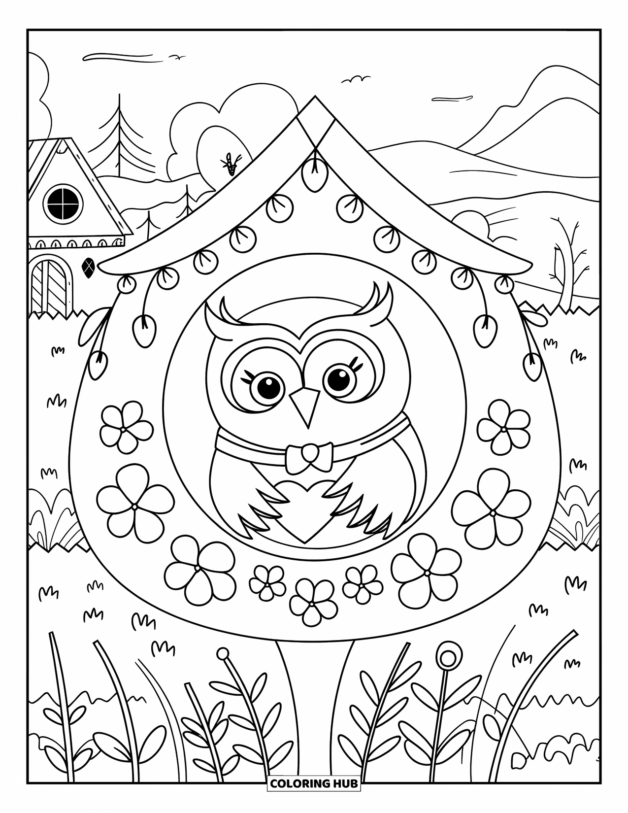 Dibujo de búho para colorear para adultos: Un búho kawaii dentro de una pajarera con una bufanda, sosteniendo un corazón, con un paisaje escénico al fondo