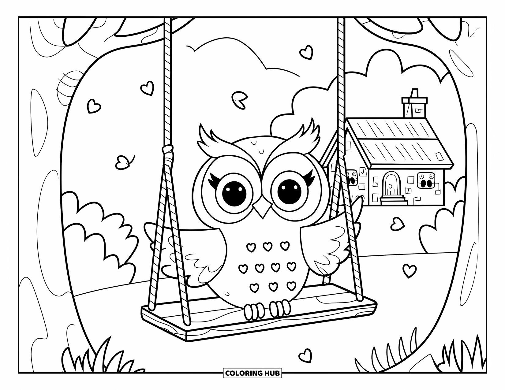Dibujo de búho para colorear para adultos: Un búho kawaii en un columpio entre dos ramas, con hojas en forma de corazón y una cabaña acogedora al fondo