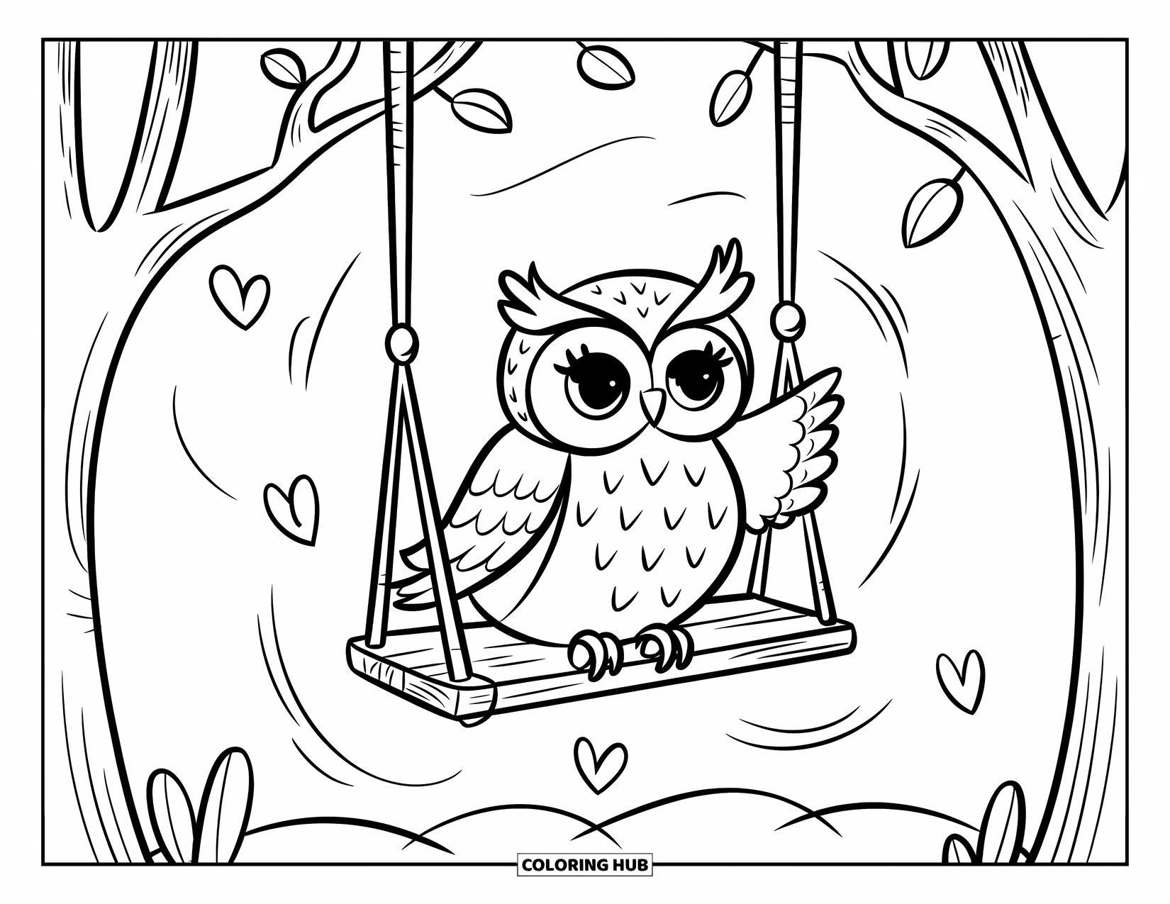 Dibujo de búho para colorear para adultos: Un búho kawaii en un columpio de madera, con hojas en forma de corazón cayendo y suaves líneas curvas que sugieren movimiento