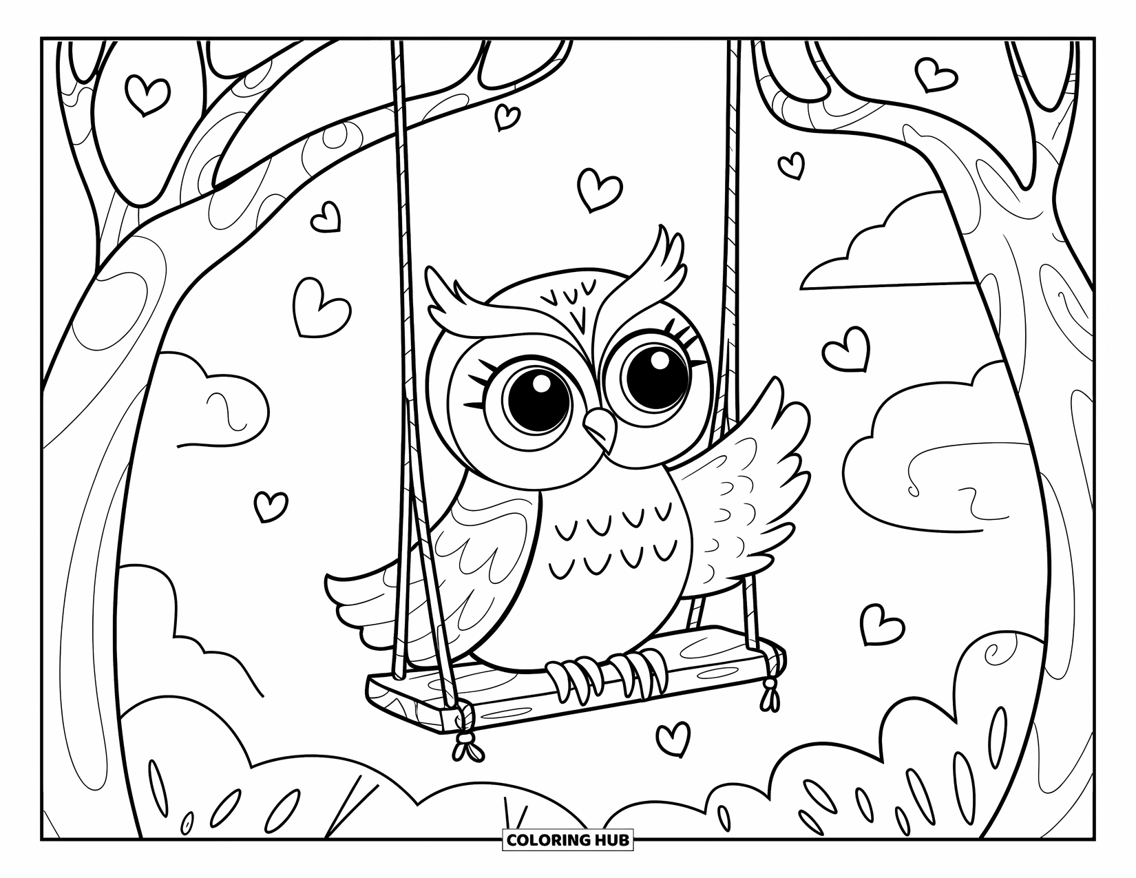 Dibujo de búho para colorear para adultos: Un búho kawaii en un columpio de madera, con hojas en forma de corazón cayendo alrededor de la escena