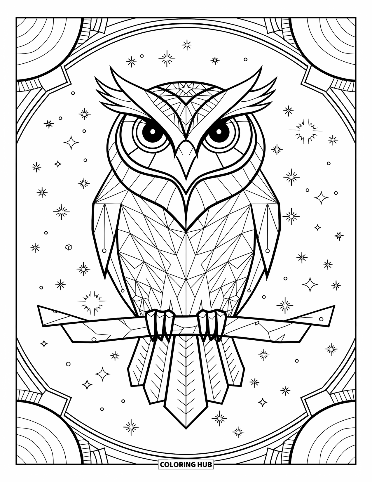 Dibujo de búho para colorear para adultos: Un búho místico con patrones geométricos, rodeado de formas celestiales e intrincados fondos