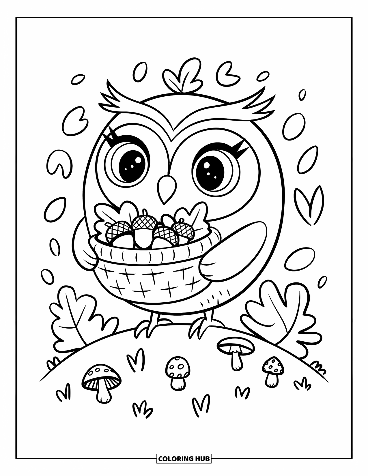 Dibujo de búho para colorear para adultos: Un búho redondo sosteniendo una cesta de bellotas y hojas, de pie en una colina con champiñones alrededor