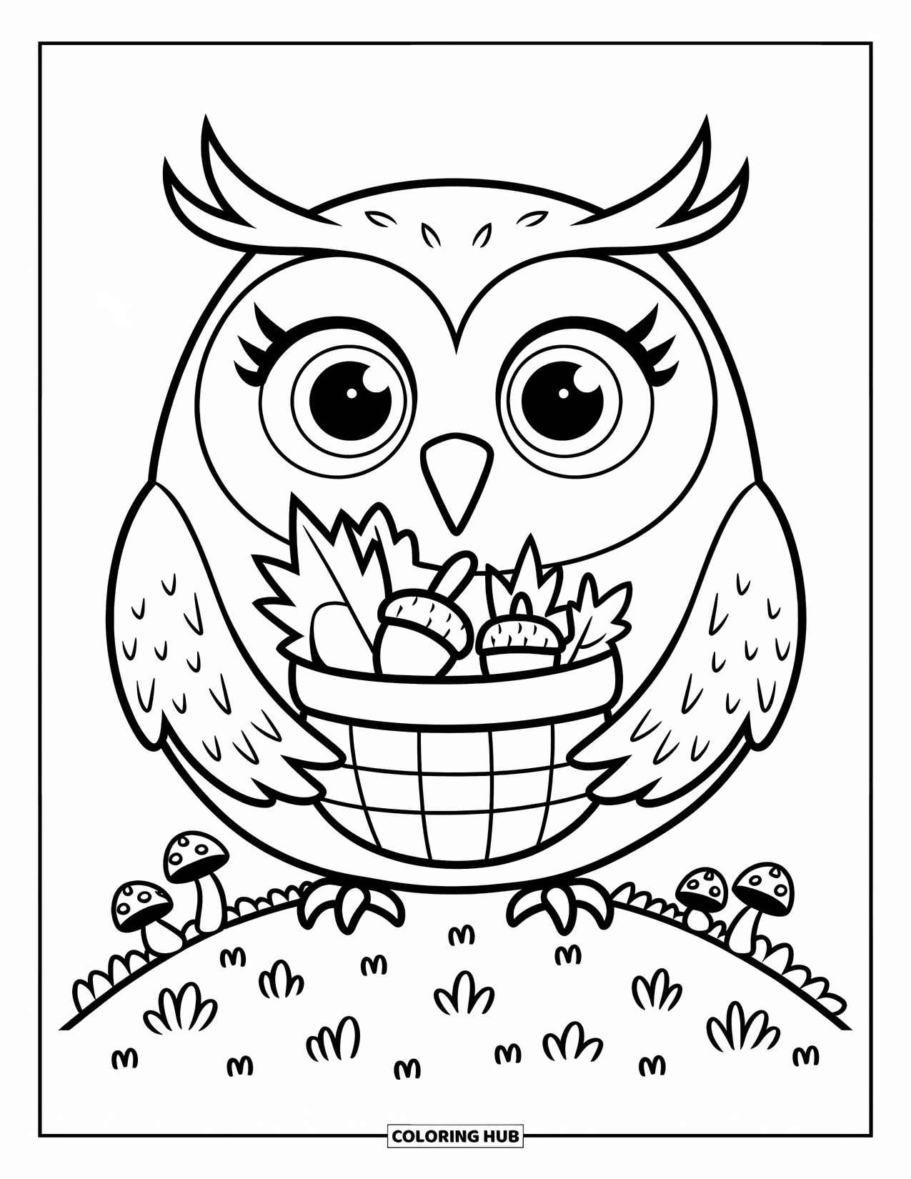 Dibujo de búho para colorear para adultos: Un búho redondo sosteniendo una cesta de bellotas y hojas, de pie en una pequeña colina con champiñones esparcidos alrededor