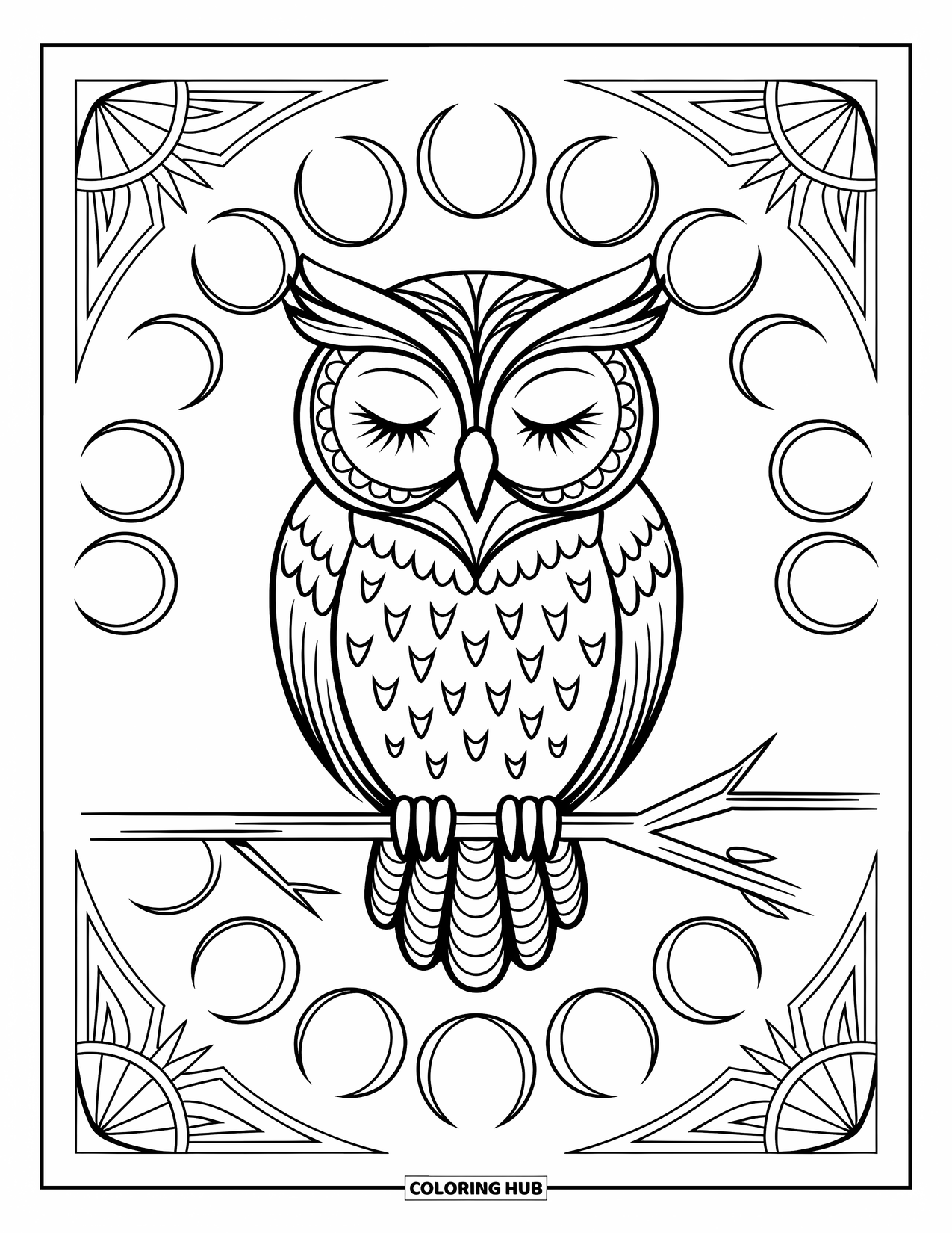 Dibujo de búho para colorear para adultos: Un búho sereno con los ojos cerrados, posado en una rama rodeado de fases lunares y patrones artísticos