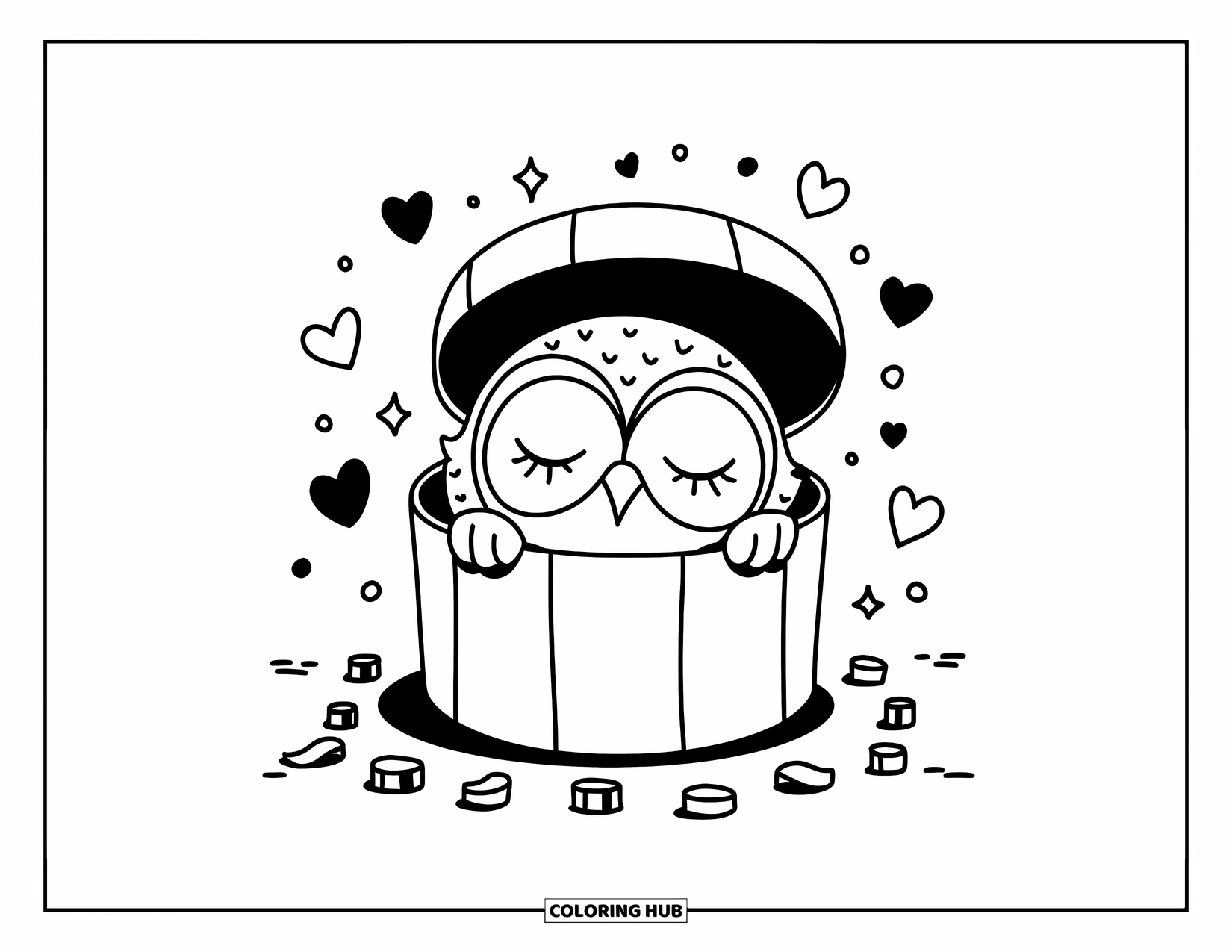 Dibujo de búho para colorear para adultos: Un búho somnoliento descansando dentro de una caja de regalo, rodeado de corazones, estrellas y cintas en un estilo lindo