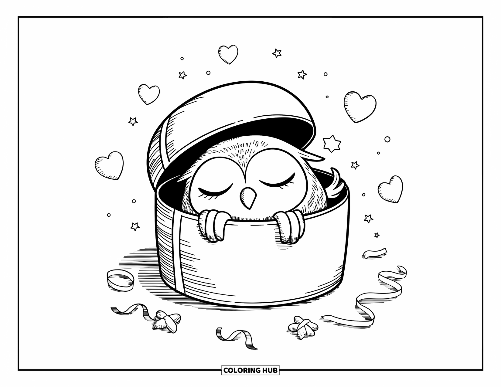 Dibujo de búho para colorear para adultos: Un búho somnoliento descansando dentro de una caja de regalo, rodeado de corazones, estrellas y pequeñas cintas