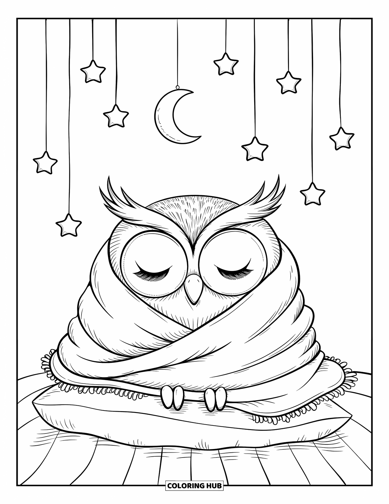 Dibujo de búho para colorear para adultos: Un búho somnoliento envuelto en una manta, sentado en un cojín, con estrellas y una luna arriba en un cielo sereno