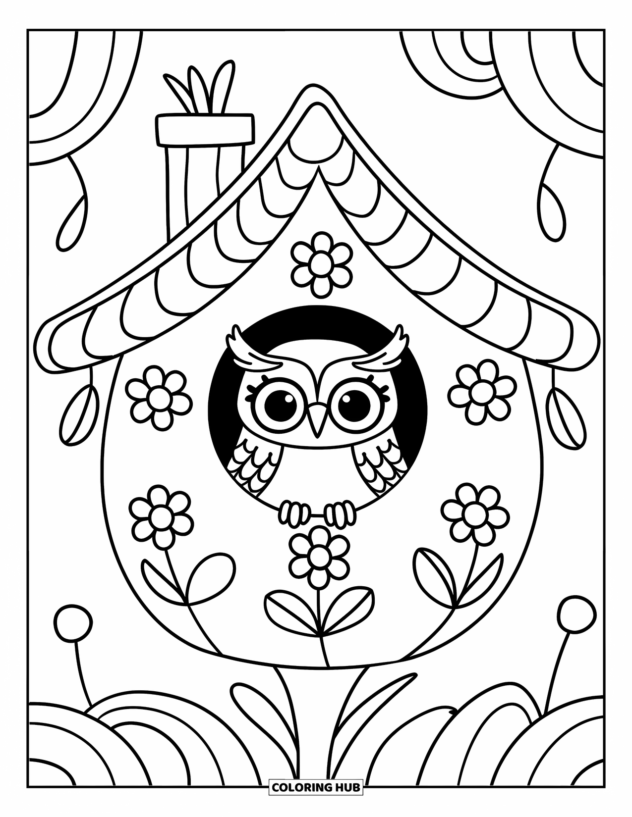 Dibujo de búho para colorear para adultos: Un búho pequeño dentro de una pajarera con patrones de flores, rodeado de hojas colgantes y elementos juguetones