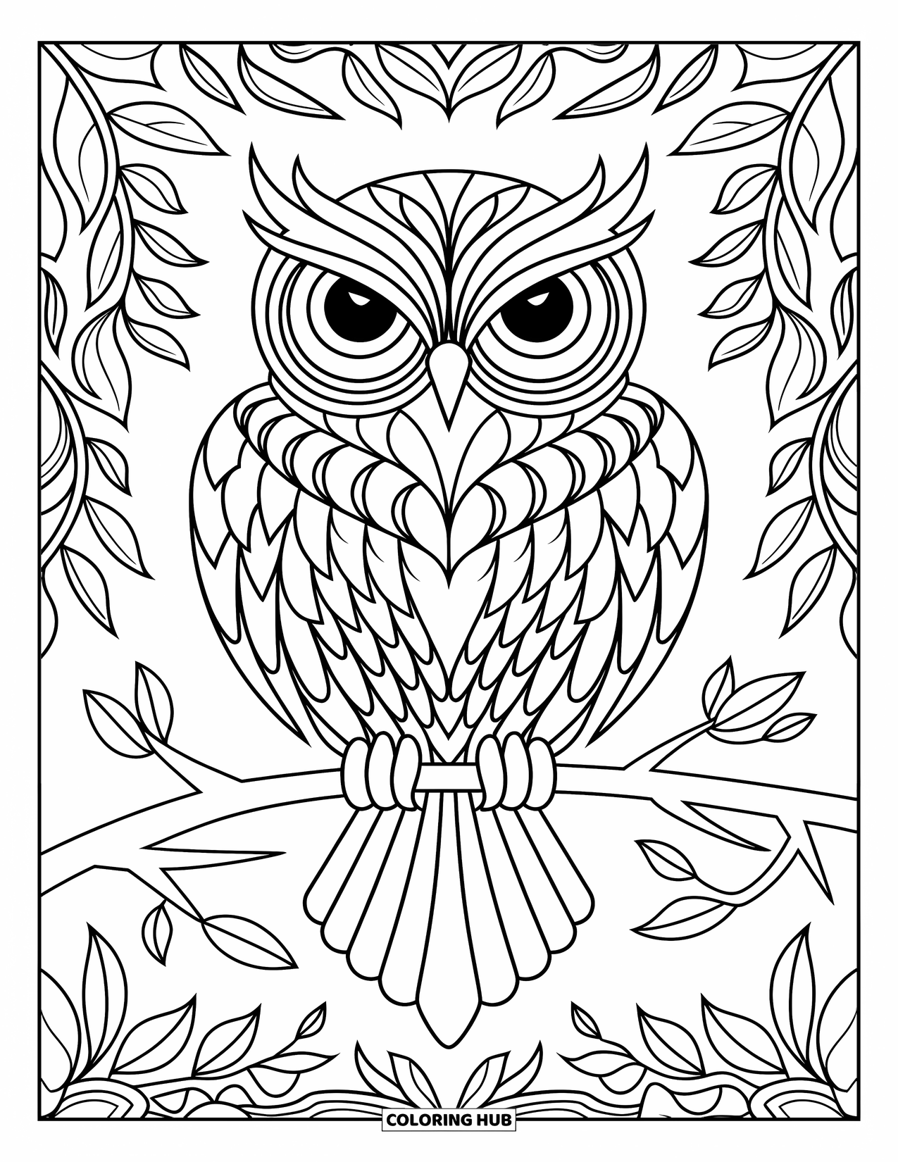 Dibujo de búho para colorear para adultos: Un búho simétrico posado en una rama, rodeado de intrincados patrones de hojas y enredaderas