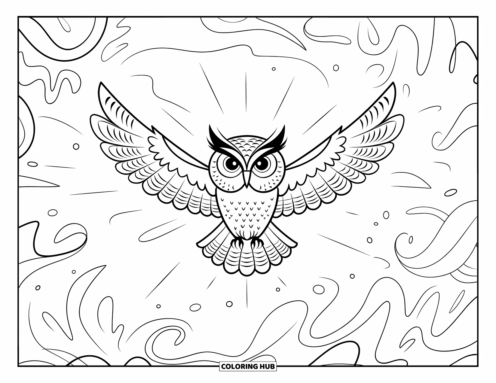 Dibujo de búho para colorear para adultos: Un búho volando a través de un fondo abstracto y arremolinado con sus alas extendidas y ojos grandes