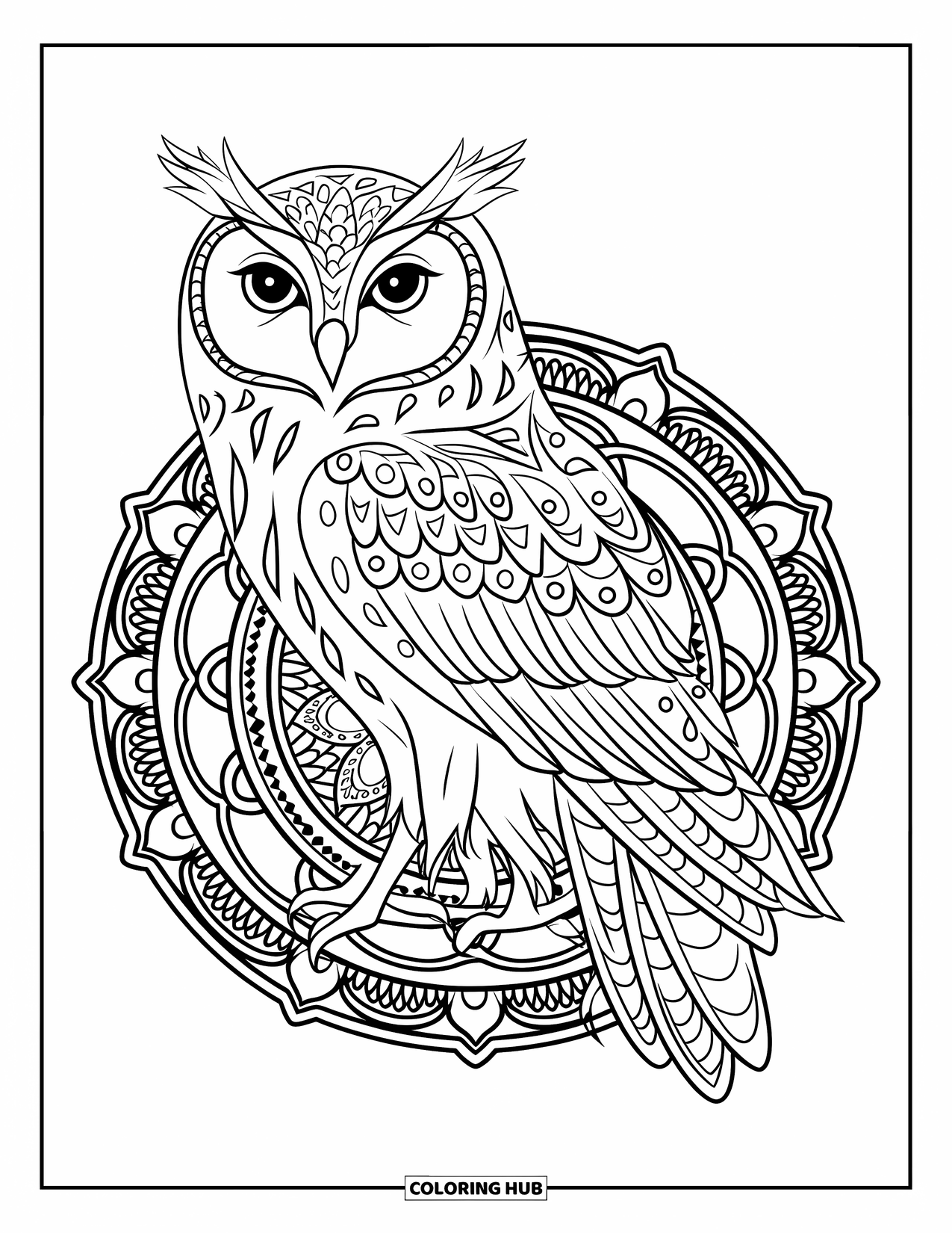 Dibujo de búho para colorear para adultos: Un búho posado en un mandala con alas y cola detalladas, rodeado de intrincados patrones