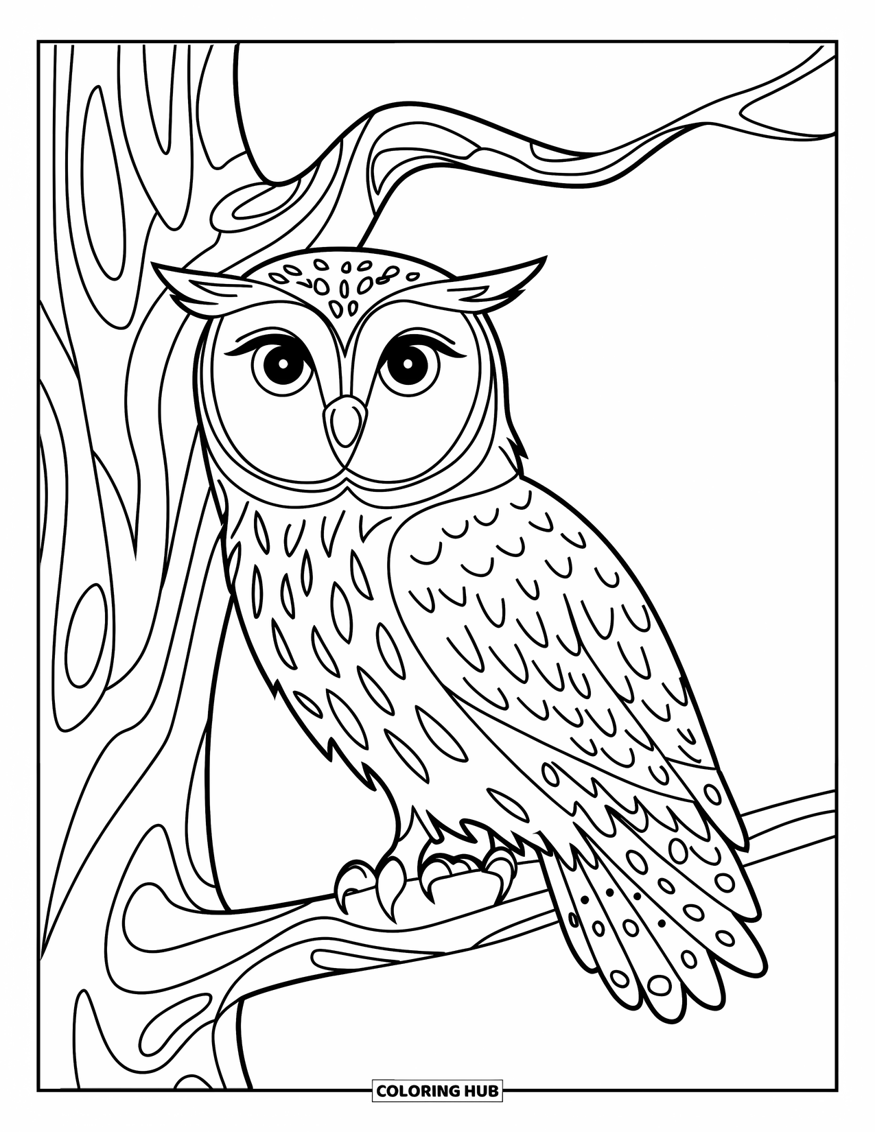 Dibujo de búho para colorear para adultos: Un búho posado en un tronco de árbol con patrones arremolinados y un fondo limpio