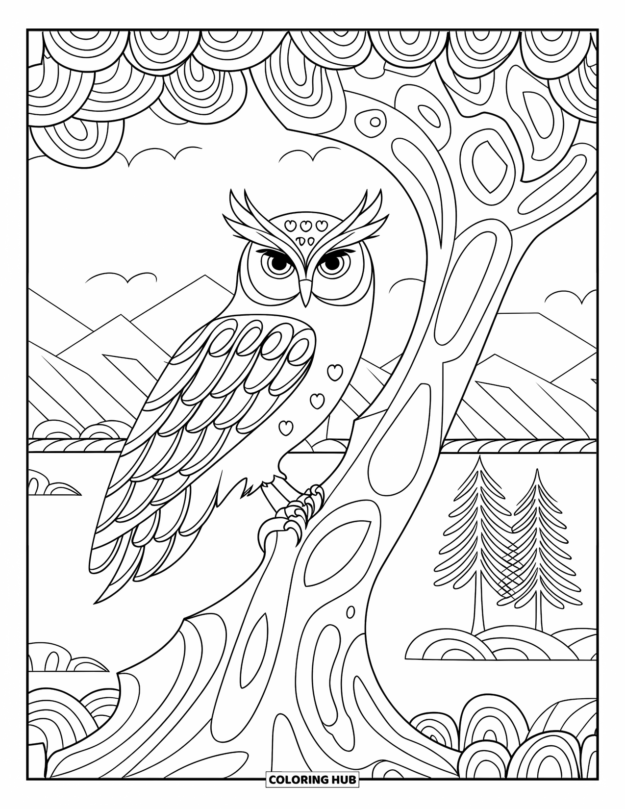 Dibujo de búho para colorear para adultos: Un búho posado en un tronco de árbol con patrones de círculos entrelazados, situado en un paisaje sereno