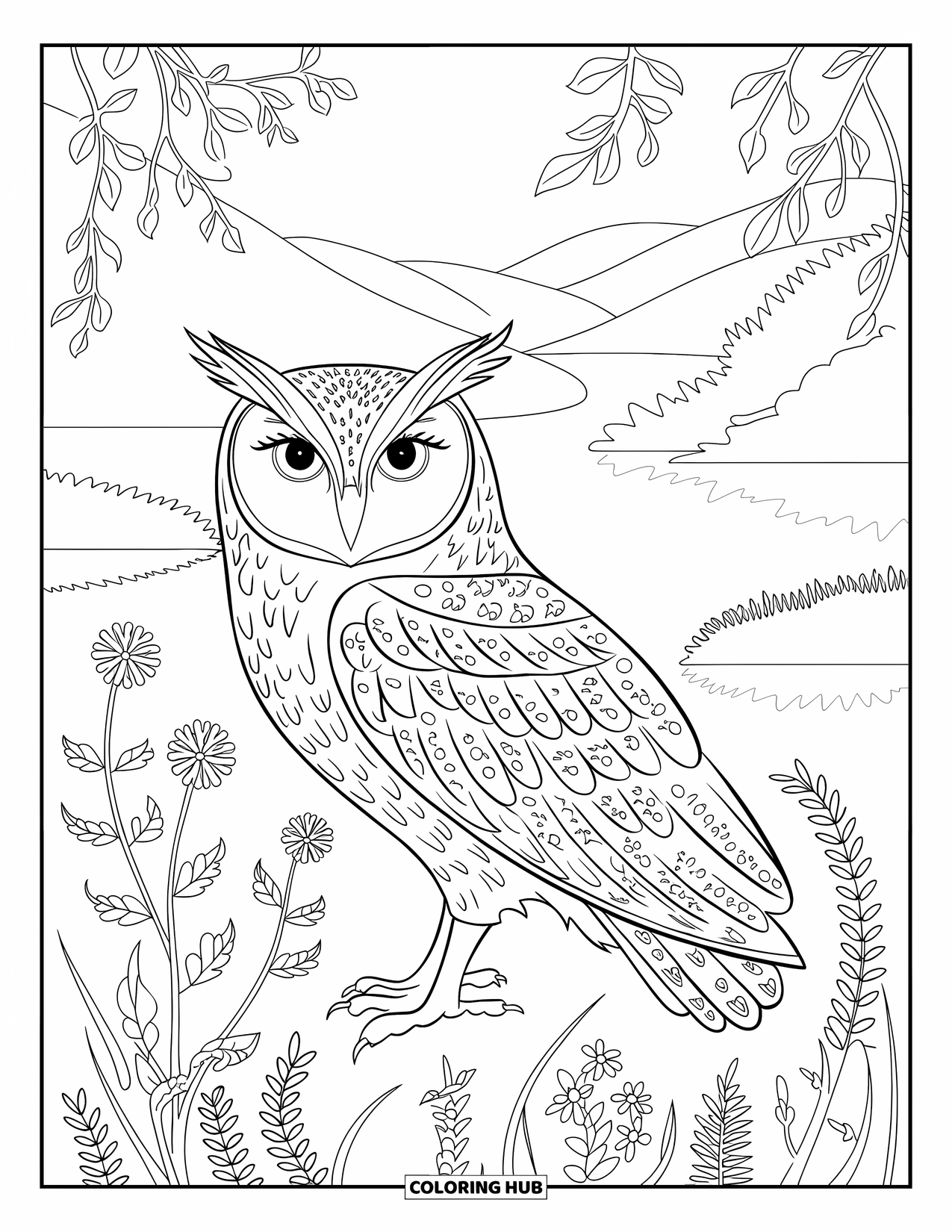 Dibujo de búho para colorear para adultos: Un búho con plumas detalladas, rodeado de flores silvestres y helechos, en un paisaje sereno con colinas y un lago