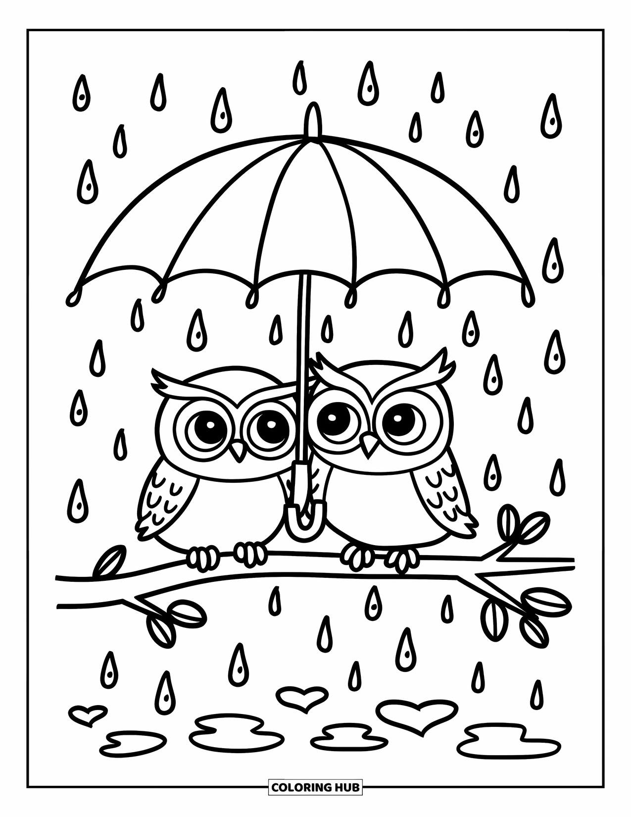 Dibujo de búho para colorear para adultos: Dos búhos pequeños compartiendo un paraguas con gotas de lluvia y charcos en forma de corazón debajo