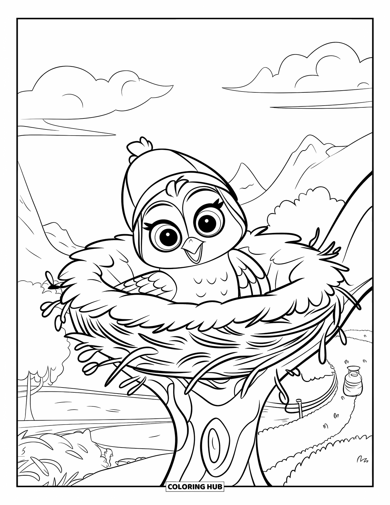 Dibujo de búho para colorear para niños: Un búho bebé con un sombrero pequeño dentro de un nido en un árbol, con montañas y un lago