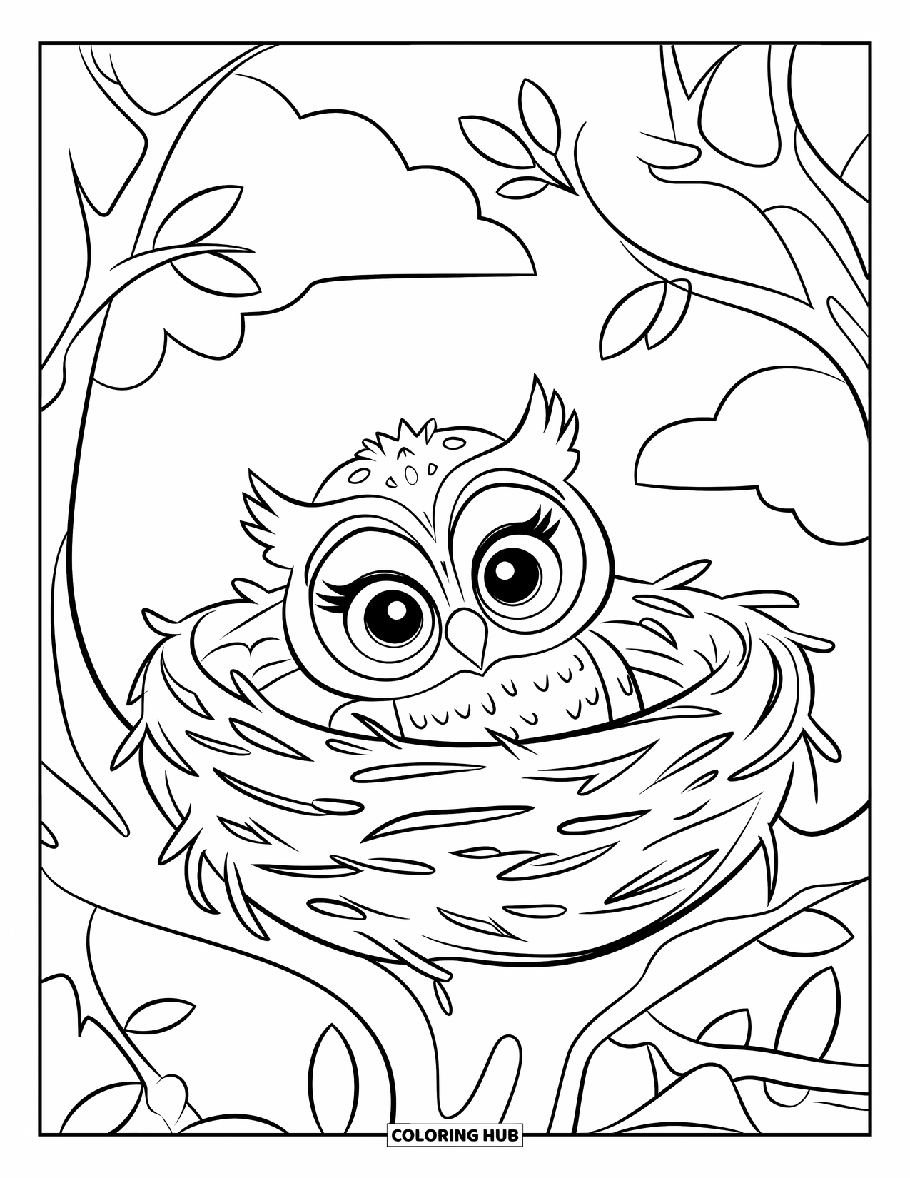 Dibujo de búho para colorear para niños: Un búho bebé con ojos expresivos anidado en un nido de ramitas en un árbol con hojas