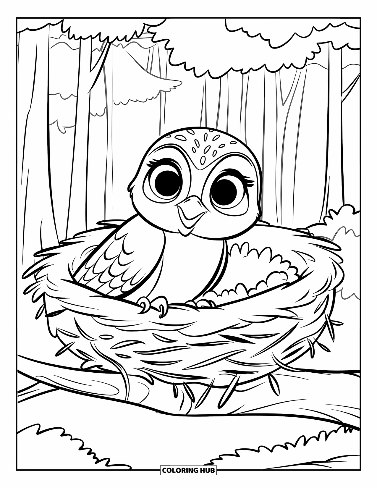 Dibujo de búho para colorear para niños: Un búho bebé con ojos grandes acurrucado dentro de un nido acogedor en la rama de un árbol