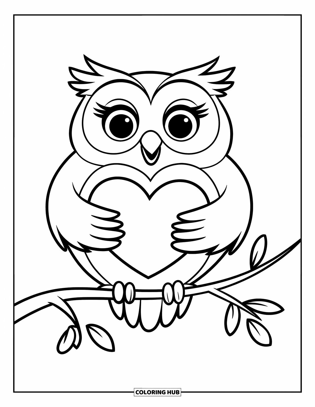 Dibujo de búho para colorear para niños: Un búho gordito sosteniendo una forma de corazón, posado en una rama con algunas hojas