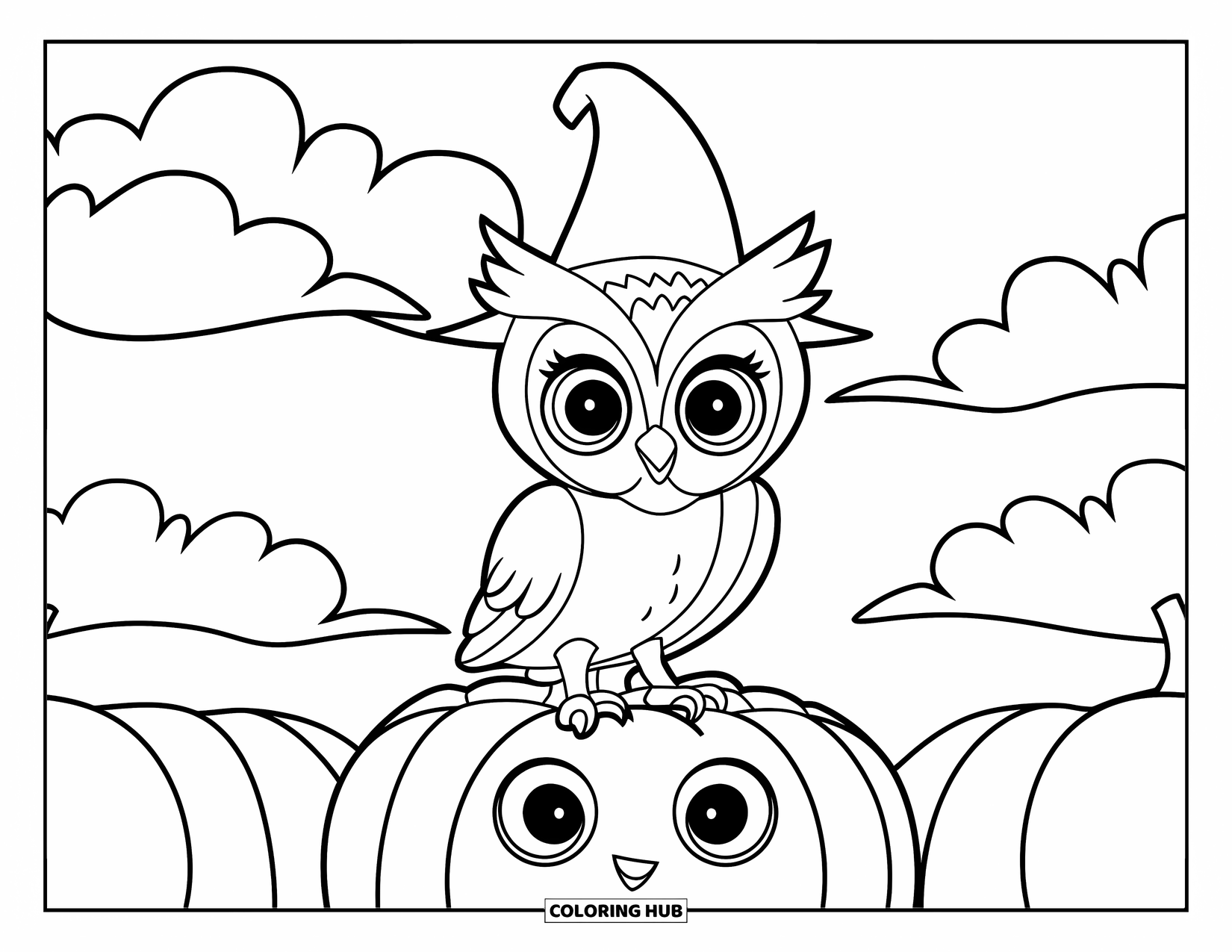Dibujo de búho para colorear para niños: Un búho lindo con un sombrero puntiagudo de pie sobre una calabaza con una cara sonriente