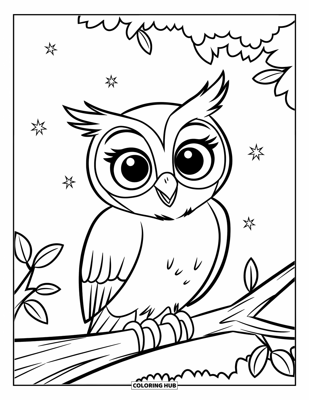 Dibujo de búho para colorear para niños: Un búho lindo con ojos grandes sentado en una rama, con un cielo despejado y algunas estrellas