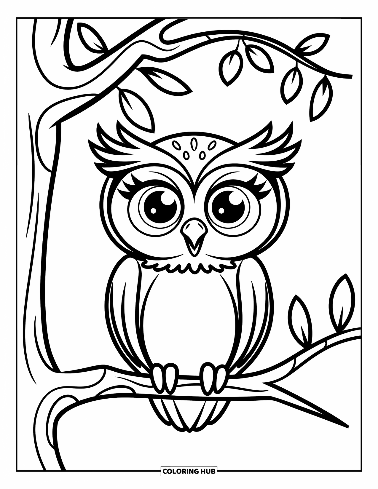 Dibujo de búho para colorear para niños: Un búho lindo con ojos grandes sentado en la rama de un árbol, rodeado de hojas simples