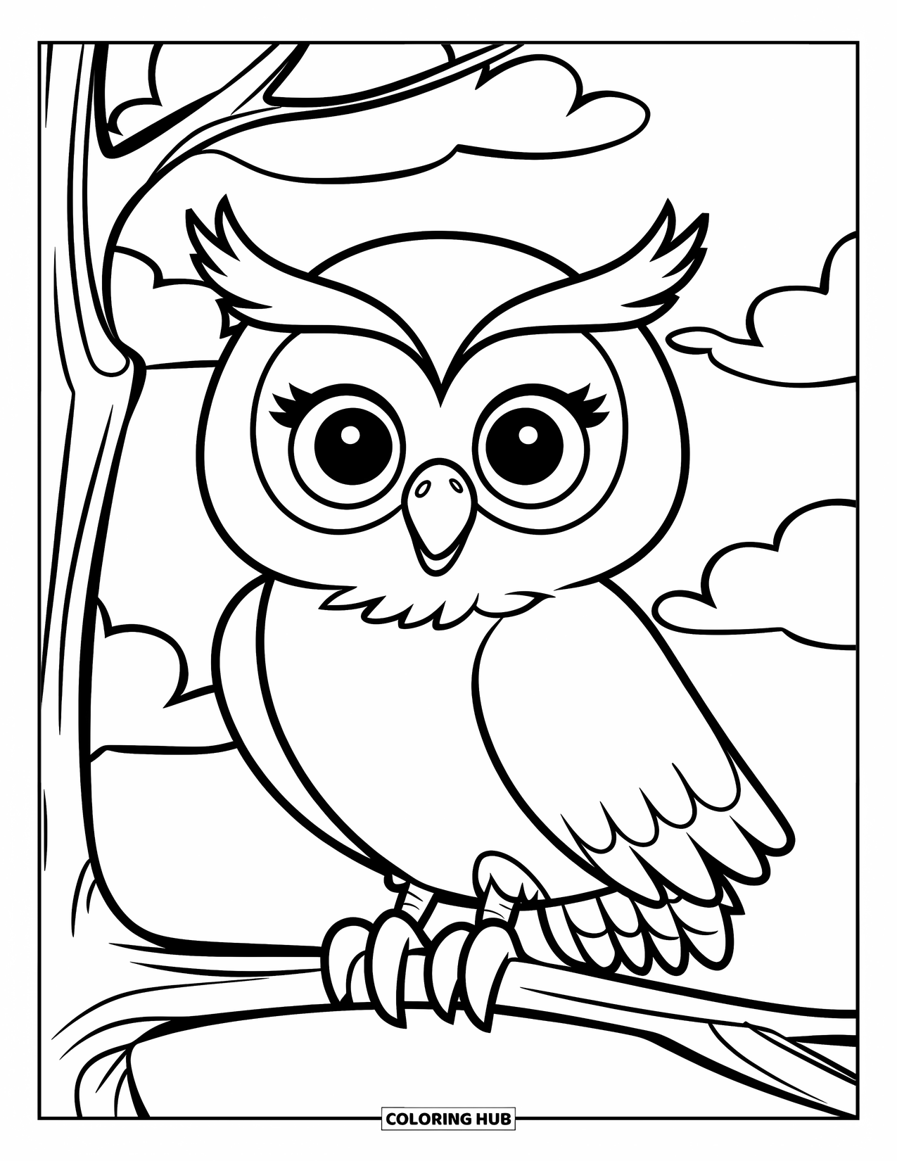 Dibujo de búho para colorear para niños: Un búho lindo con grandes ojos redondos, sentado en una rama con un cielo lleno de nubes