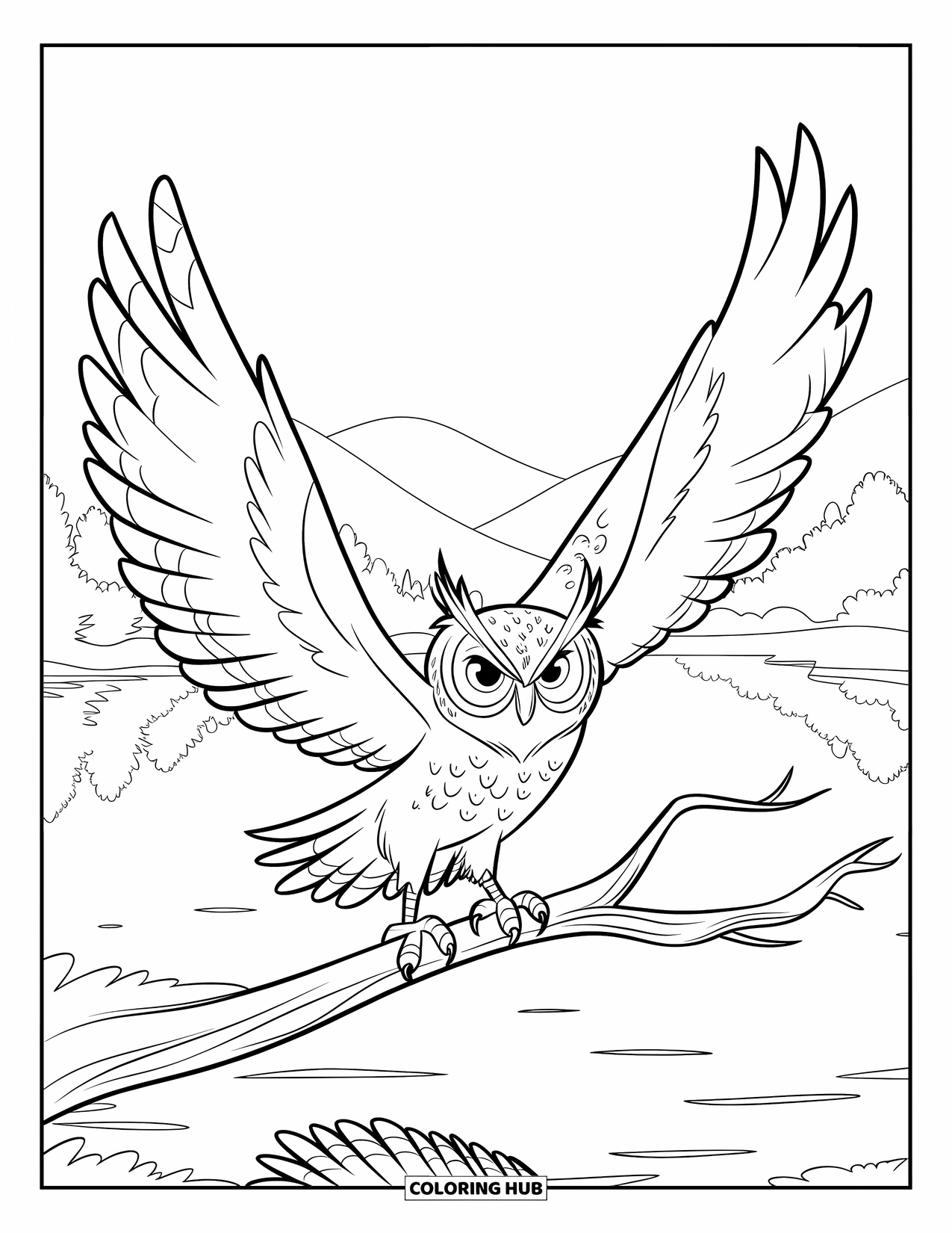 Dibujo de búho para colorear para niños: Un búho dinámico con las alas extendidas hacia arriba, posado cerca de un lago sereno y montañas