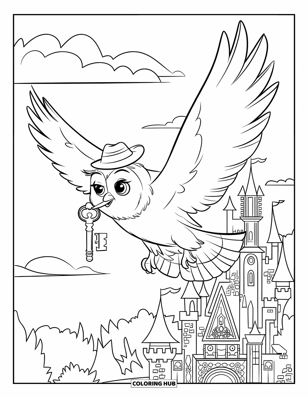 Dibujo de búho para colorear para niños: Un búho volando sosteniendo una llave, con un sombrero pequeño, con un castillo mágico y nubes