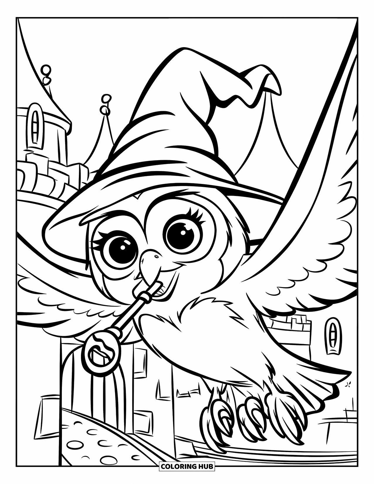 Dibujo de búho para colorear para niños: Un búho volando sosteniendo una llave, con un sombrero de mago, con un castillo al fondo