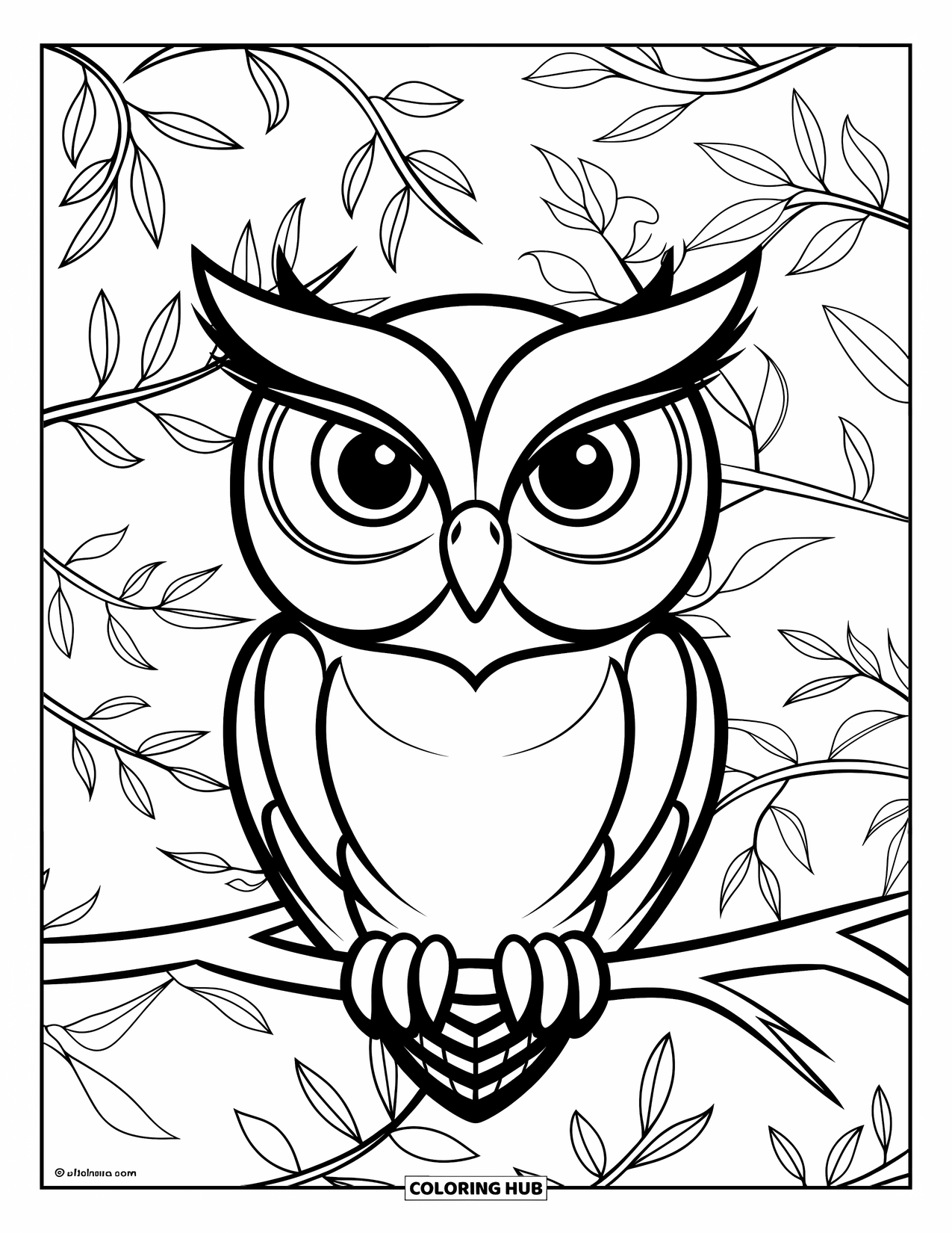 Dibujo de búho para colorear para niños: Un búho con temática de bosque posado en una rama, rodeado de hojas y ramas ligeras