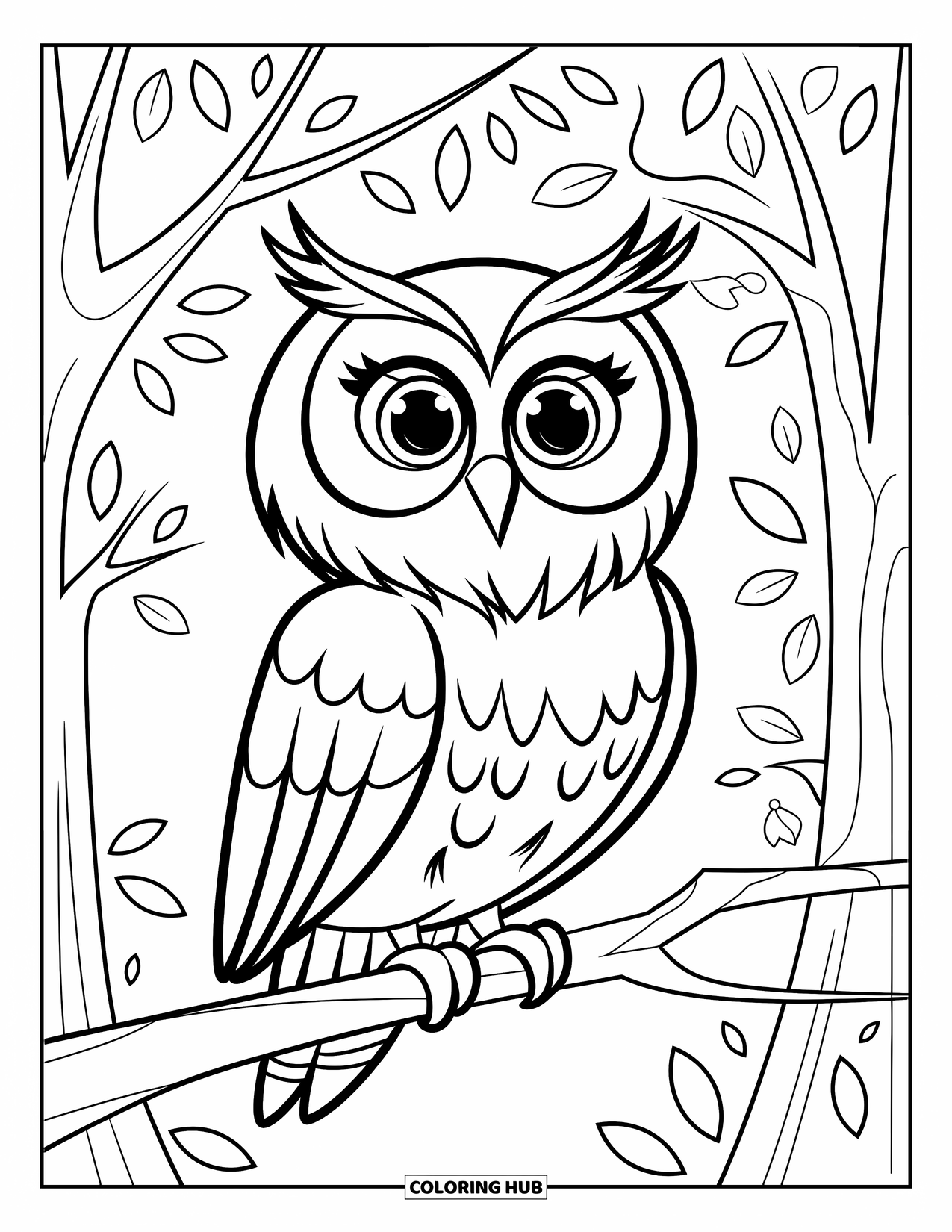 Dibujo de búho para colorear para niños: Un búho con temática de bosque posado en una rama, con un fondo ligero de hojas y ramas