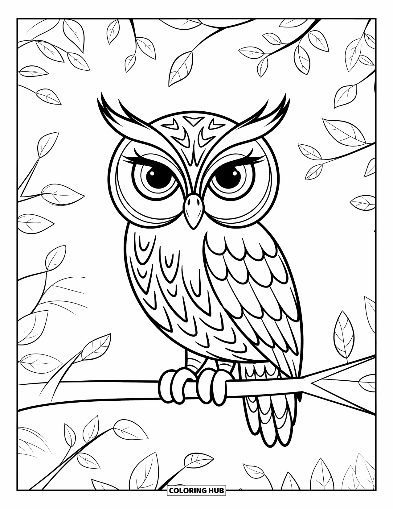 Dibujo de búho para colorear para niños: Un búho con temática de bosque con contornos audaces, sentado en una rama con un patrón de hojas ligero