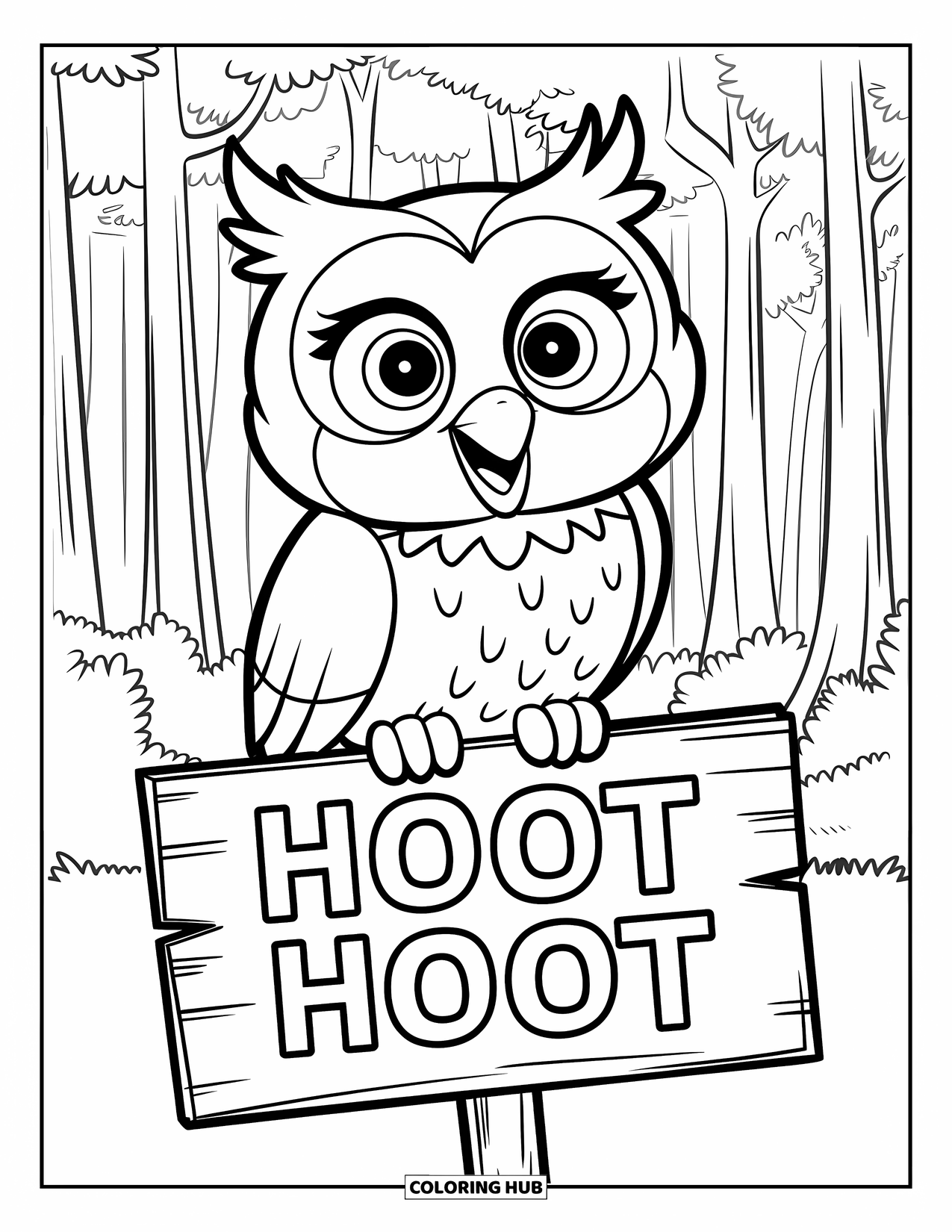 Dibujo de búho para colorear para niños: Un búho feliz sentado en un letrero con "Hoot Hoot" en un bosque