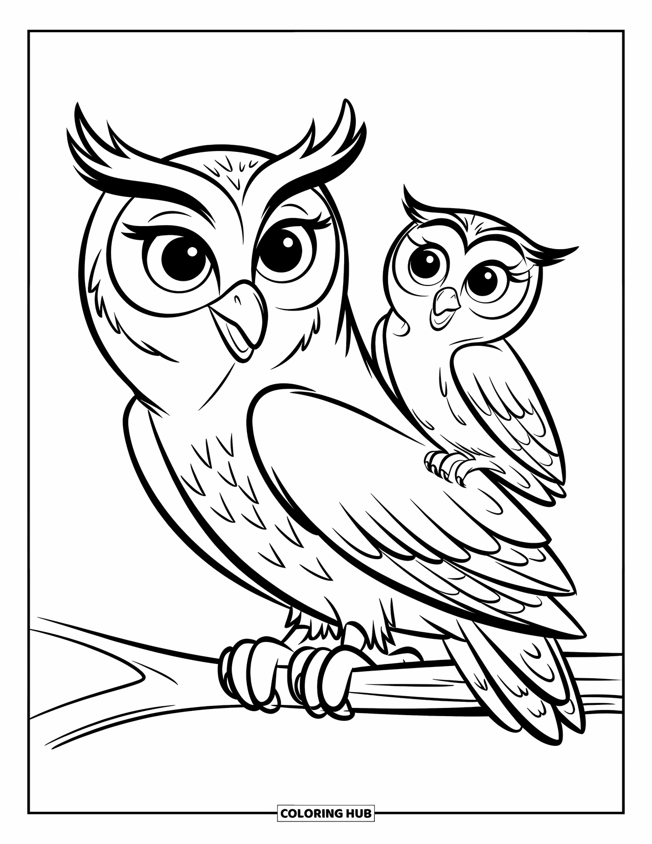 Dibujo de búho para colorear para niños: Una mamá búho sentada en una rama con su bebé posado en su espalda