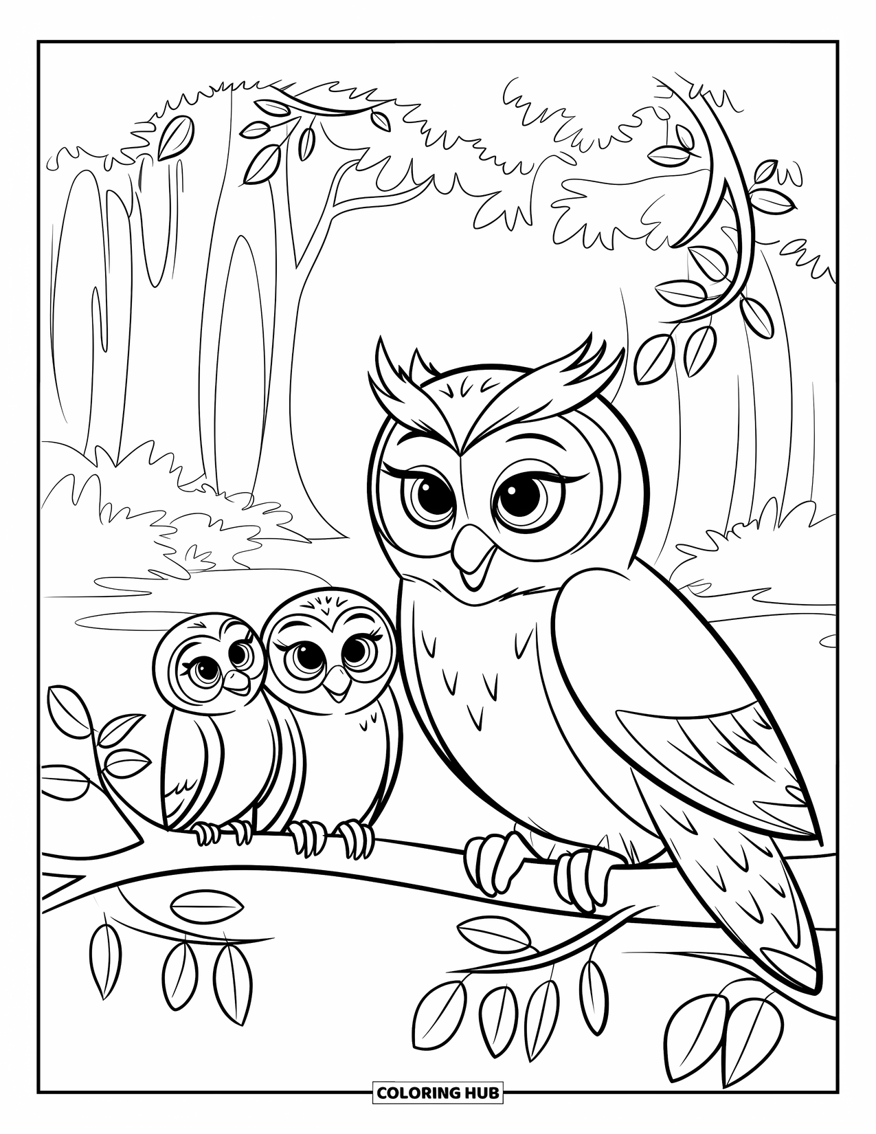 Dibujo de búho para colorear para niños: Una mamá búho con sus búhos bebés sentados en una rama en un bosque sereno