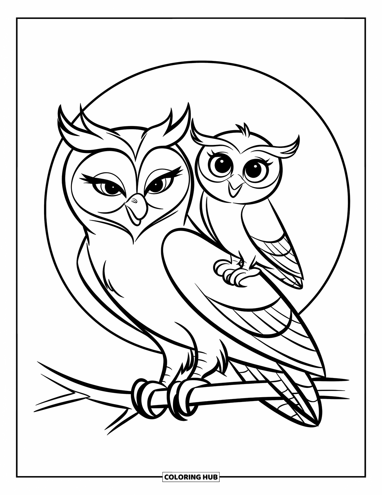 Dibujo de búho para colorear para niños: Una mamá búho con su bebé posado en su espalda dentro de un círculo blanco limpio