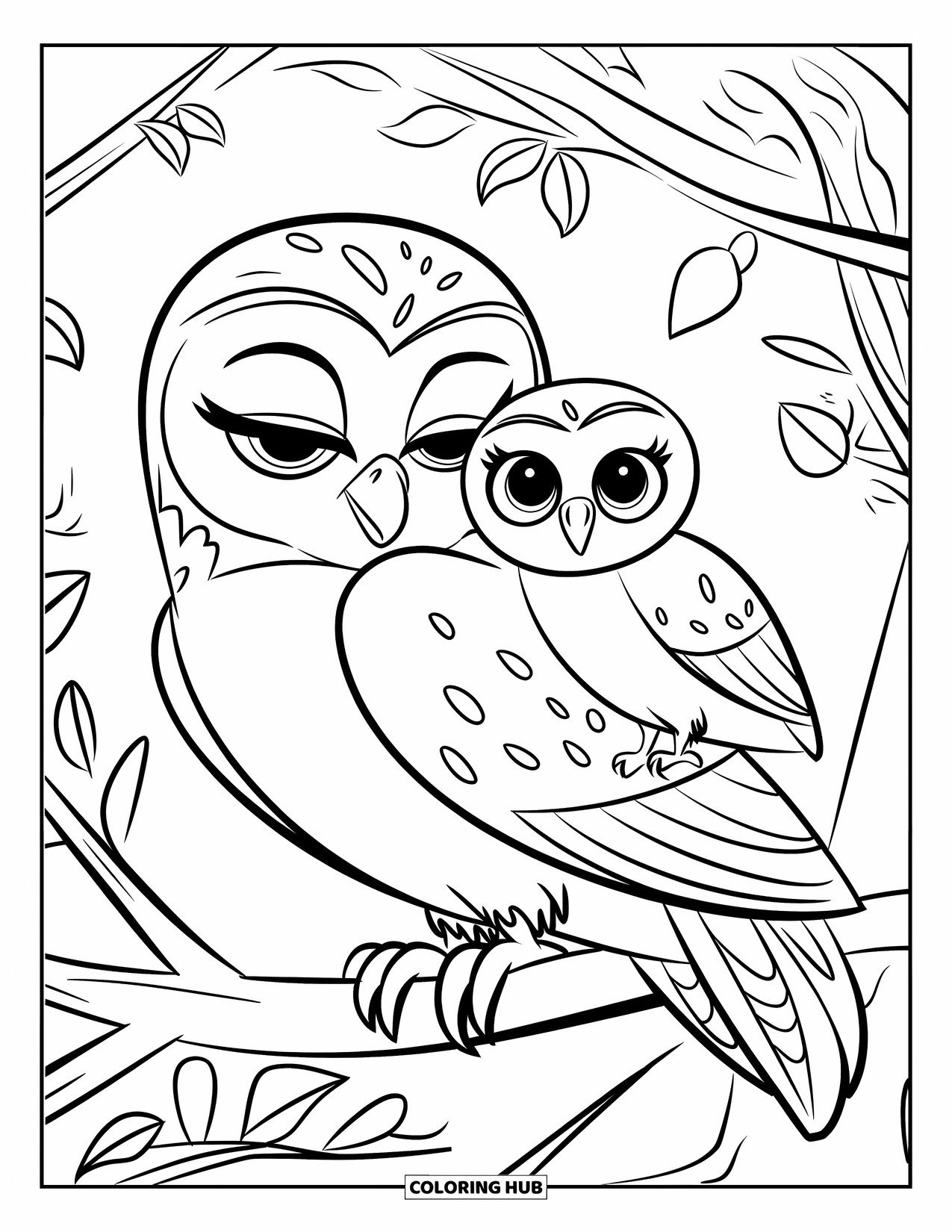 Dibujo de búho para colorear para niños: Una mamá búho con los ojos cerrados, y su bebé en su espalda, rodeada de ramas